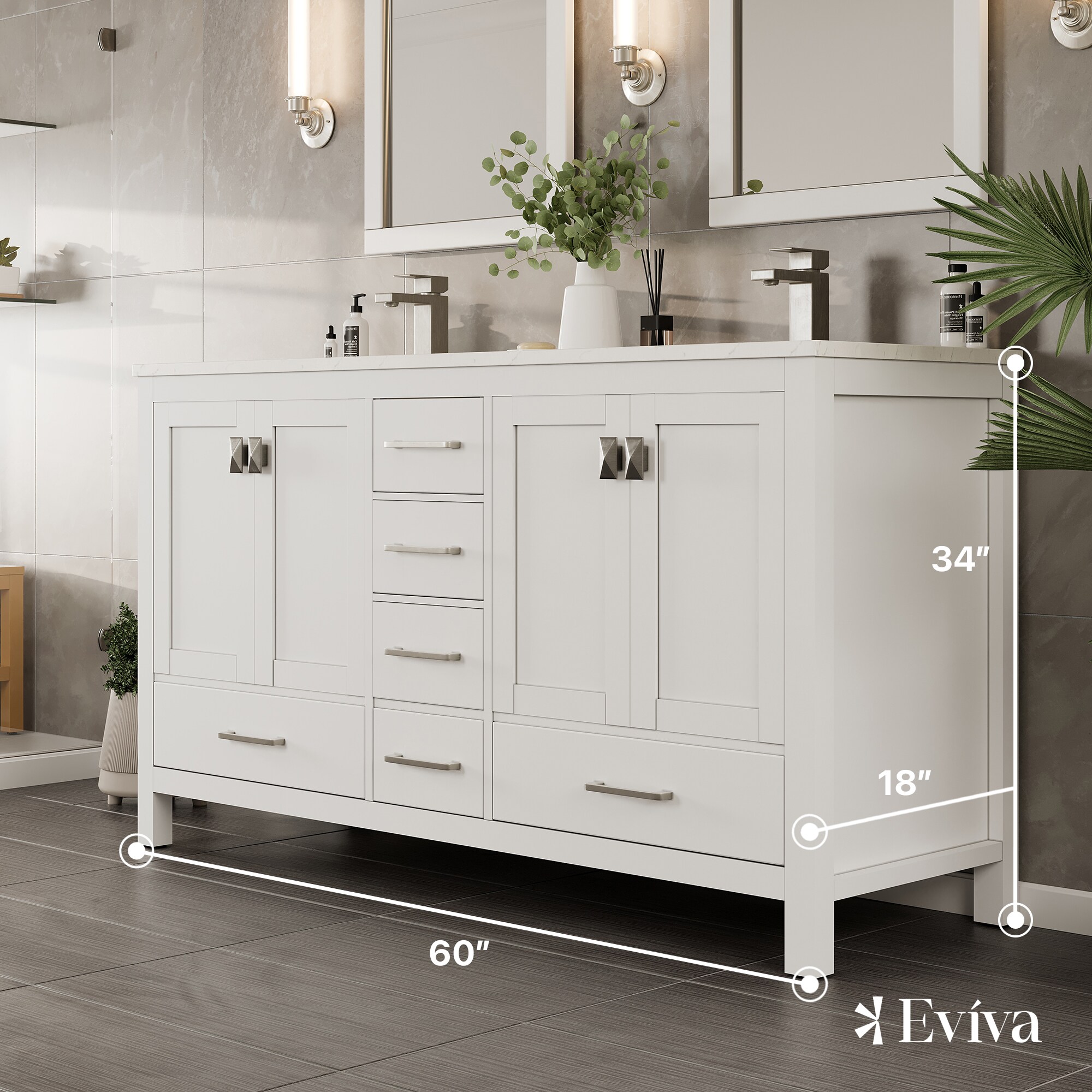 London Double Sink White Bathroom Vanity with Carrara Quartz Countertop