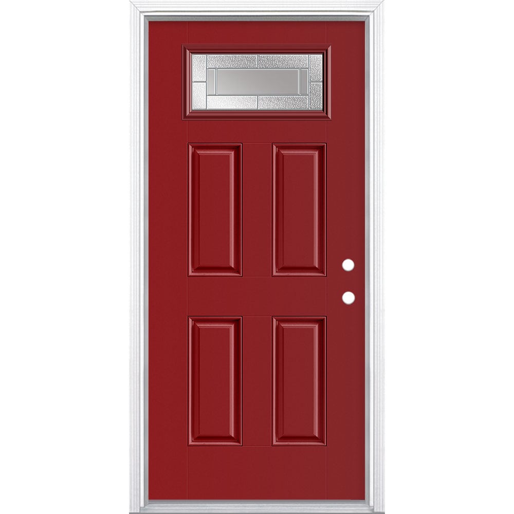 Masonite 3420017 Focus 36-in x 80-in x 4-9/16-in Fiberglass 1/4 lite Left-hand inswing Roma Red Painted Prehung Front Door with Brickmould Insulating core