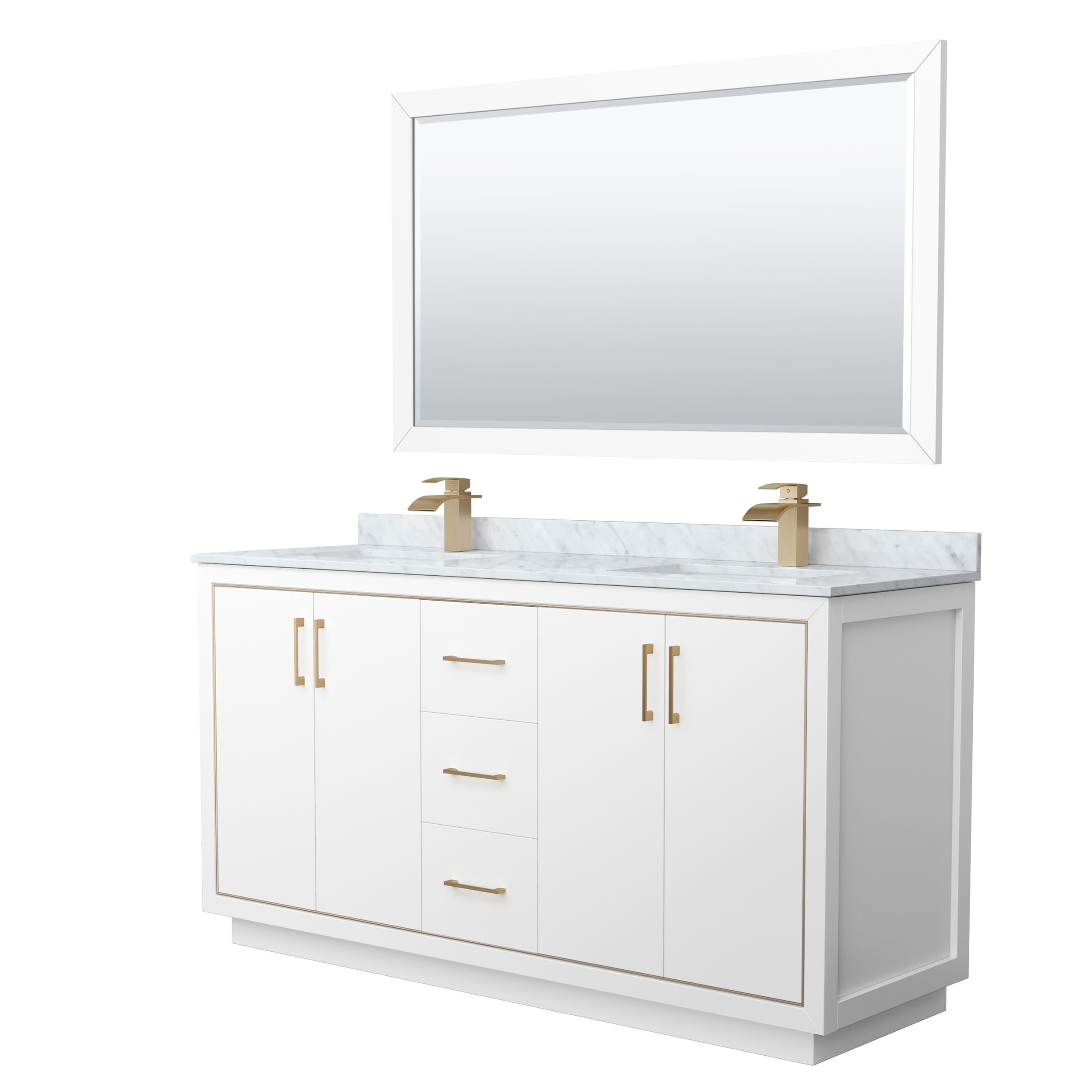 Wyndham Collection WCF111166DWZCMUNSM58 Icon 66-in White with Satin Bronze Trim Undermount Double Sink Bathroom Vanity with White Carrara Marble Natural Marble Top (Mirror Included)