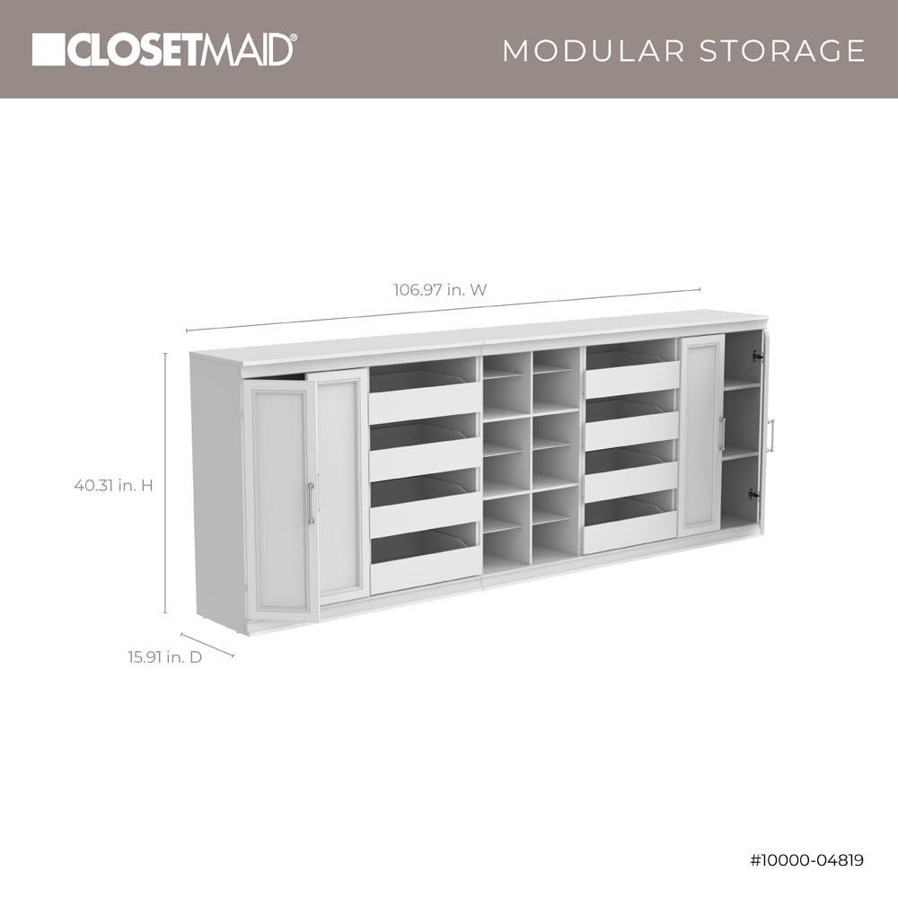 White Modular Storage System with Drawers and Shelves, 107" Wide
