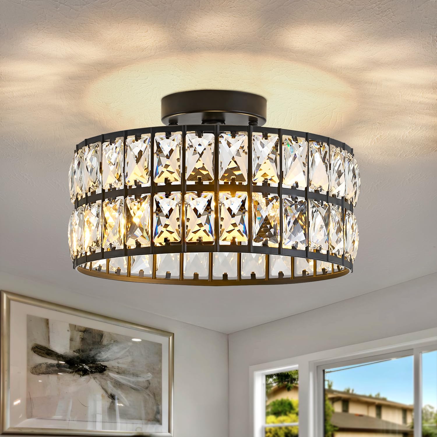 Oyezvary  Modern Bedroom Light Fixtures Ceiling 12.5 Round Drum Crystal Chandelier 3 Light Black Semi Flush Mount Ceiling Light for Dining Room