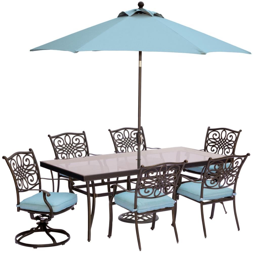 Hanover TRADDN7PCSW2G-SU-B Traditions 9-Piece Bronze Patio Dining Set with Blue Cushions