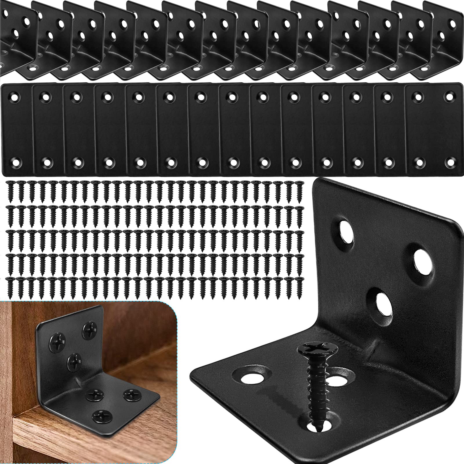 JVFCXXV  14 Piece Flat Mending Plates 14 Black L Brackets and 140 Stainless Steel Screws Heavy Duty Straight Corner Plates for Shelves and