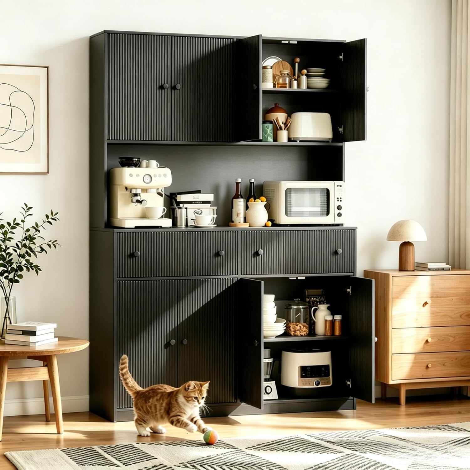 Garvee 47 in Fluted Tall Pantry Cabinet with Countertop Built in Charging Station Adjustable Shelves and 2 Drawers for Kitchen Dining Room Living Room Storage Black