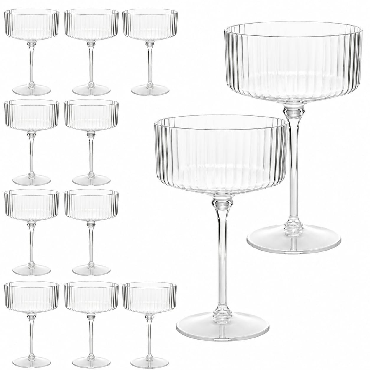 Aoibox  10 oz Clear Ribbed Coupe BPA Free Plastic Martini Cocktail Glass Dishwasher Safe Reusable Set of 12