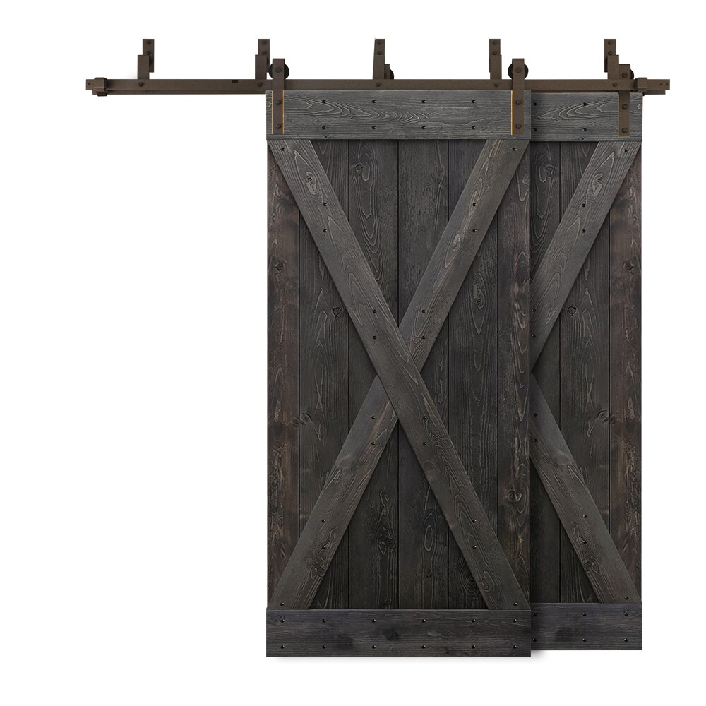 CALHOME 5XBP+S79+(2)X38DT 76-in x 84-in Charcoal Black X-frame Knotty pine Wood Solid core Double Bypass Barn Door (Hardware Included)