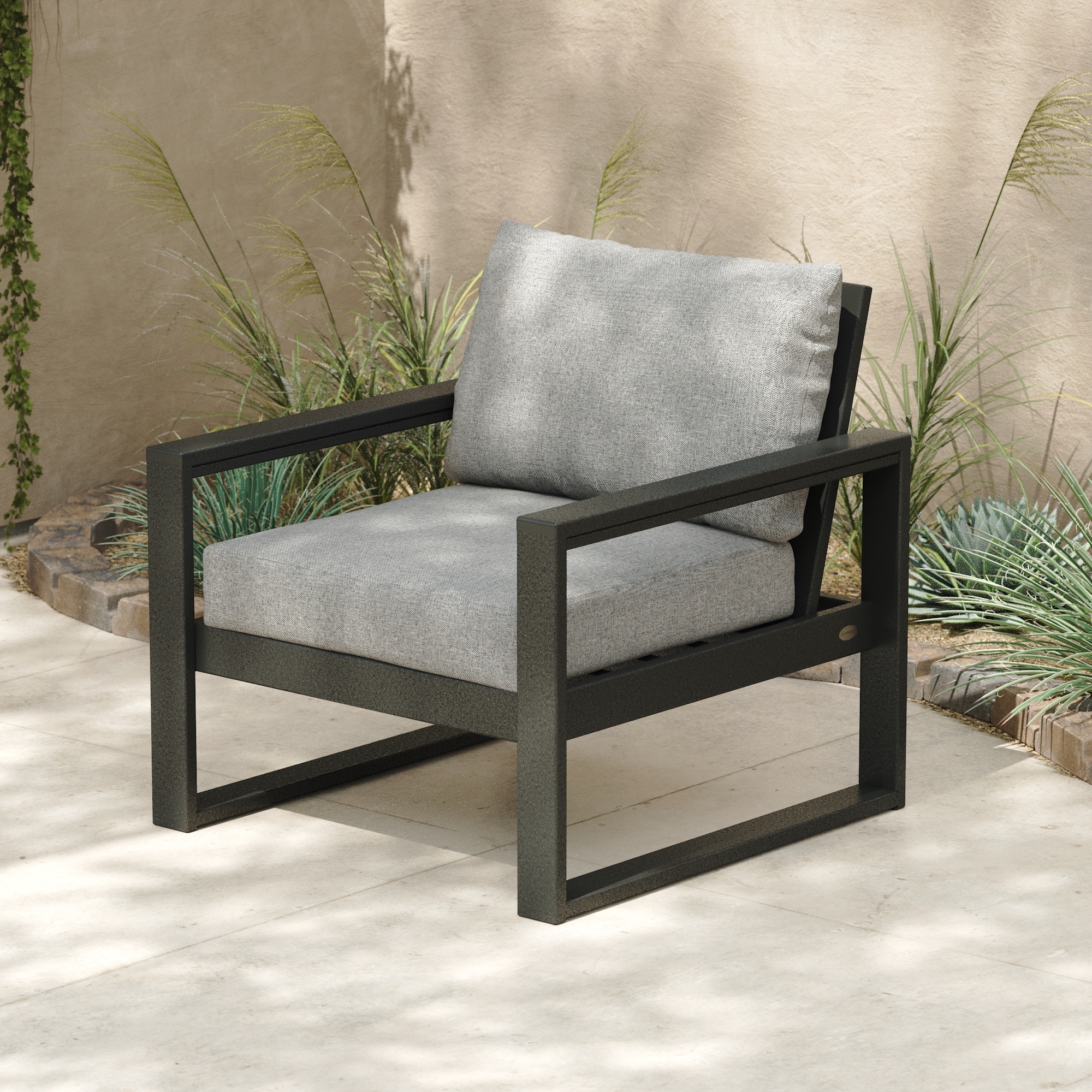 POLYWOOD 4601-BL145980 Edge Black HDPE Frame Stationary Conversation Chair with Gray Slat Seat
