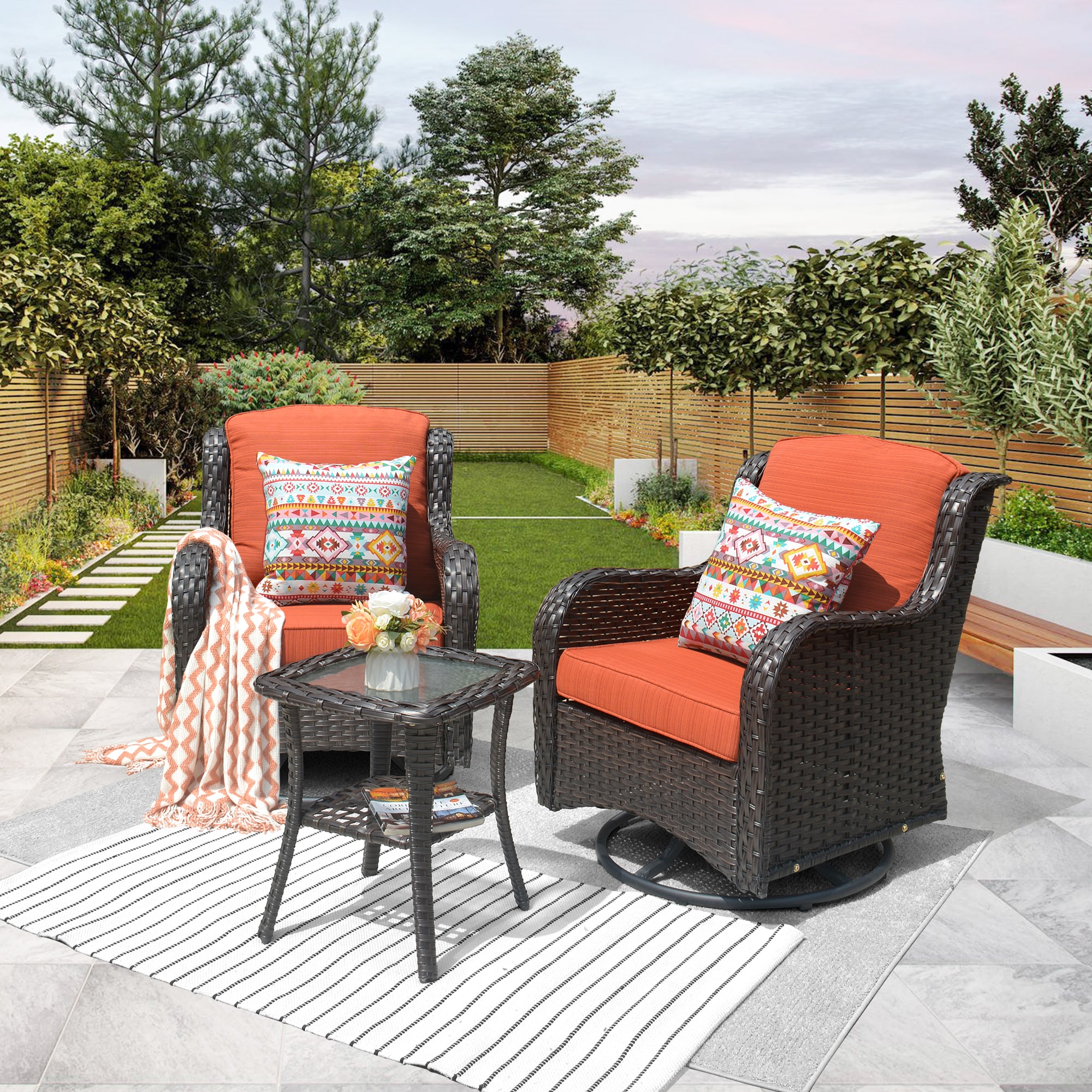 XIZZI XCTRC8132 Vesta 3 -Piece Wicker Patio Conversation Set with Orange Cushions