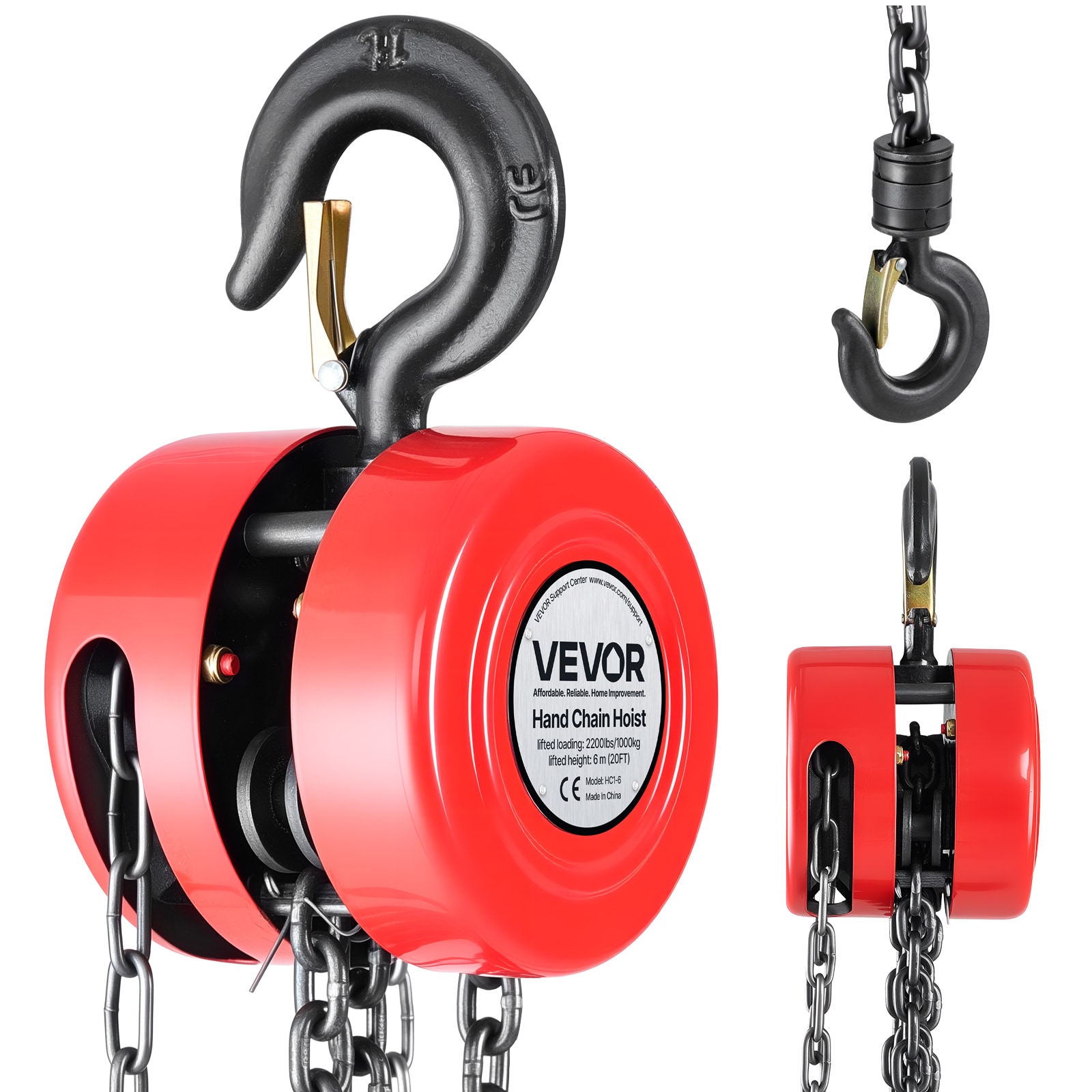 VEVOR Hand Chain Hoist. 1 Ton 2200 lbs Capacity. Manual Chain Block with Upgrade G70 Galvanized Chain. 20 ft Lifting Height. Heavy Duty Pulley Hoist for Garage Warehouse Automotive Machinery. Red