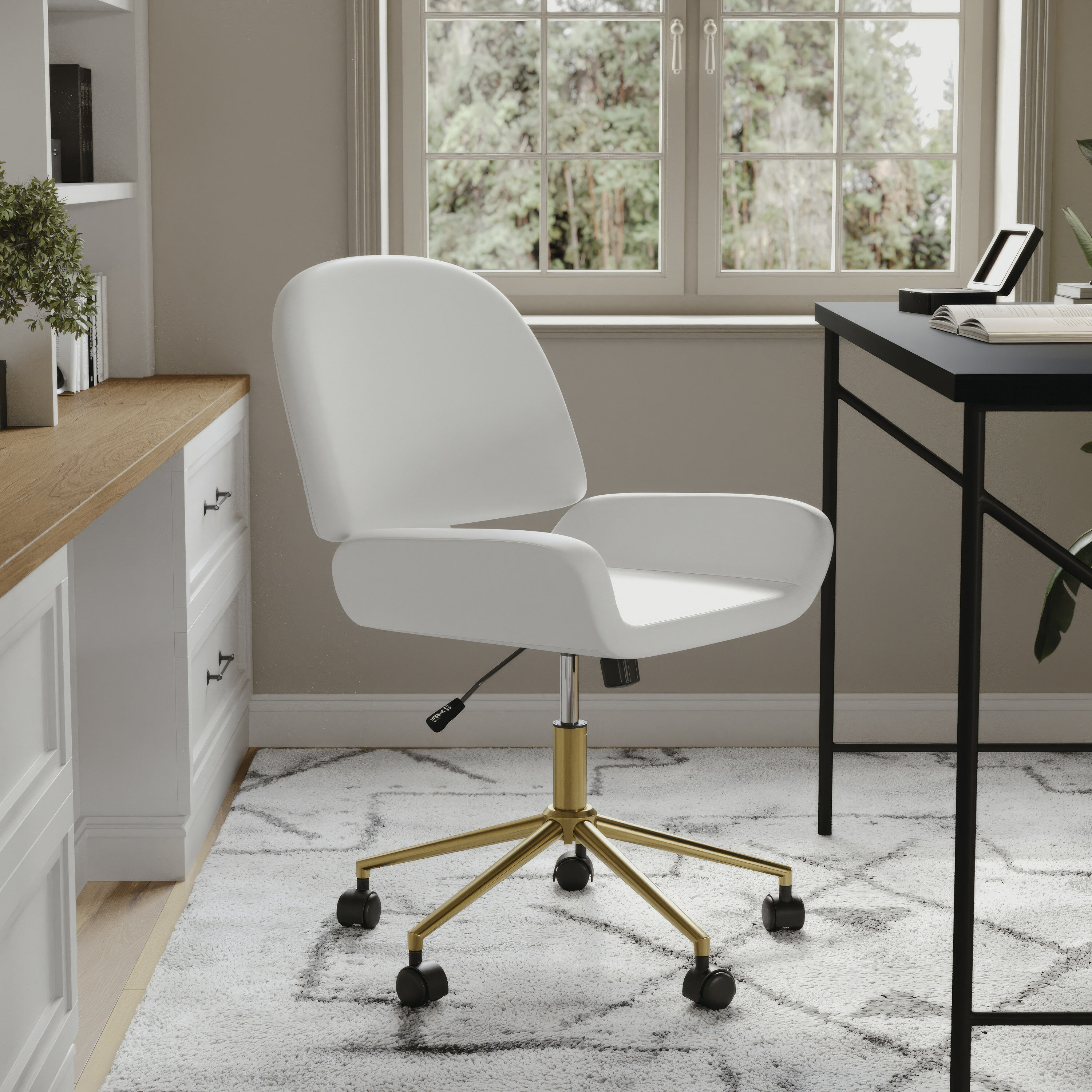White Faux Leather Armless Swivel Office Chair with Brass Base