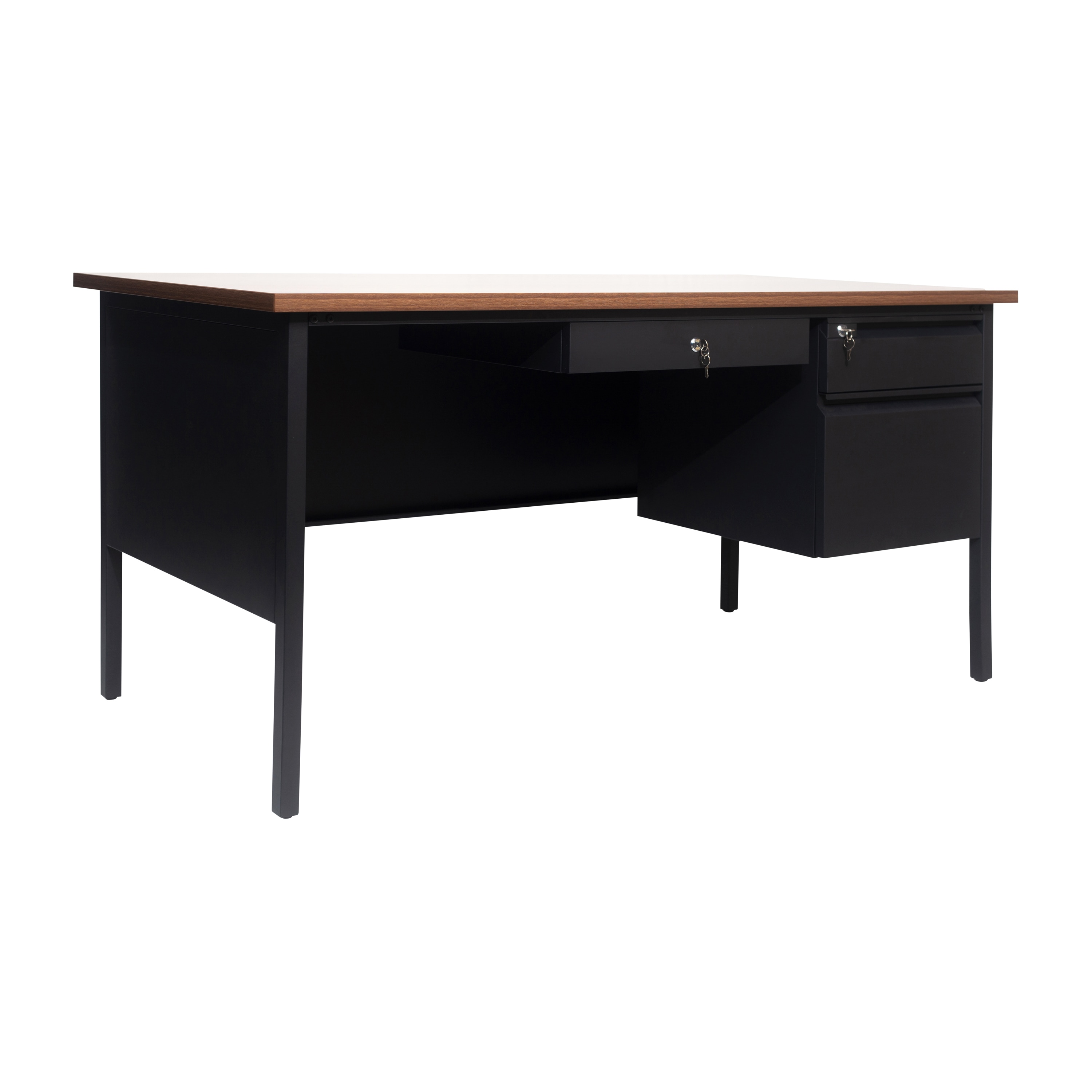 Flash Furniture 196861040382 Cambridge Commercial Grade 30x60 Right Side Single Pedestal Desk with 3 Locking Drawers; Walnut Top and Black Frame