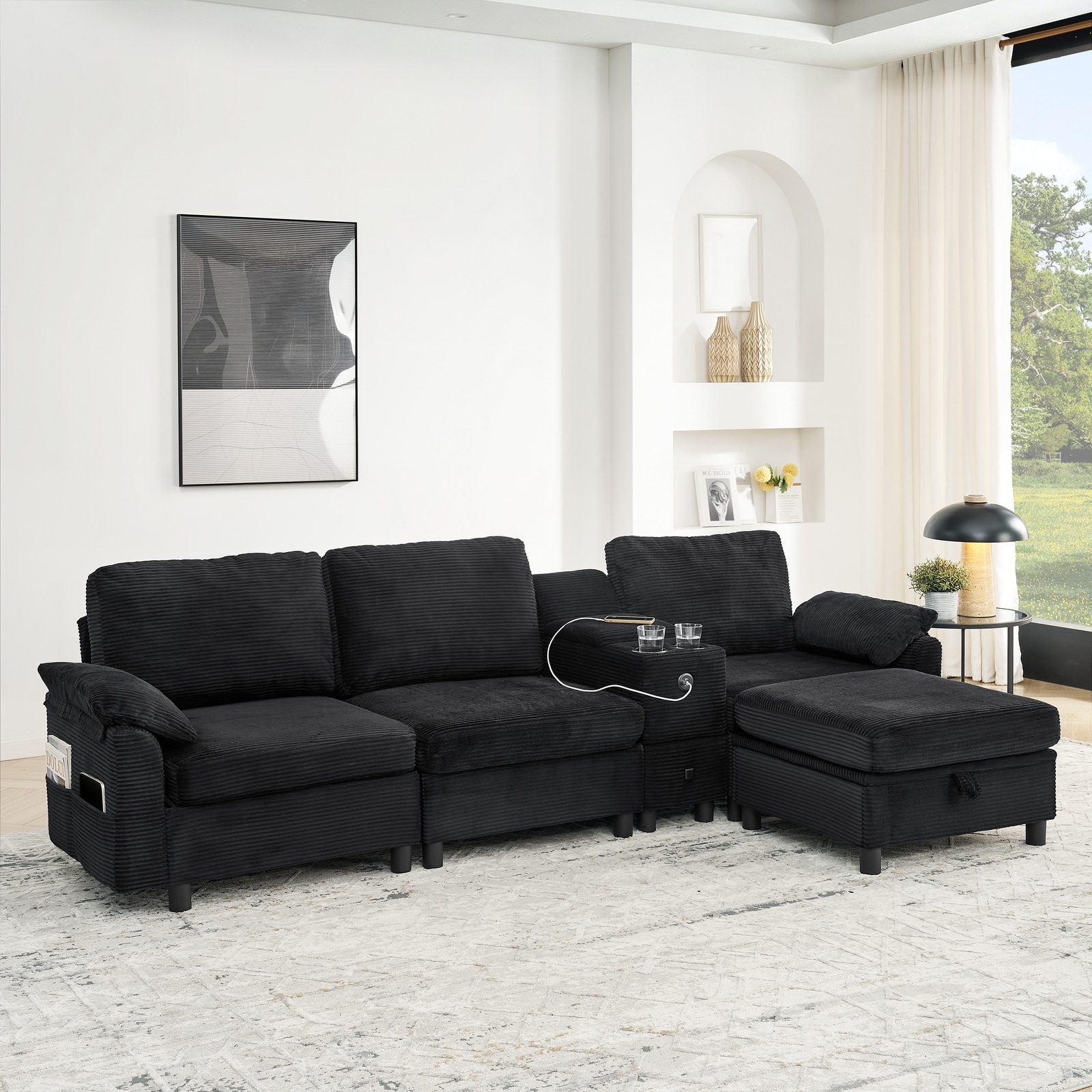 Horizons Prime 109 inch Black Modular Sectional Sofa with All-in-one ...
