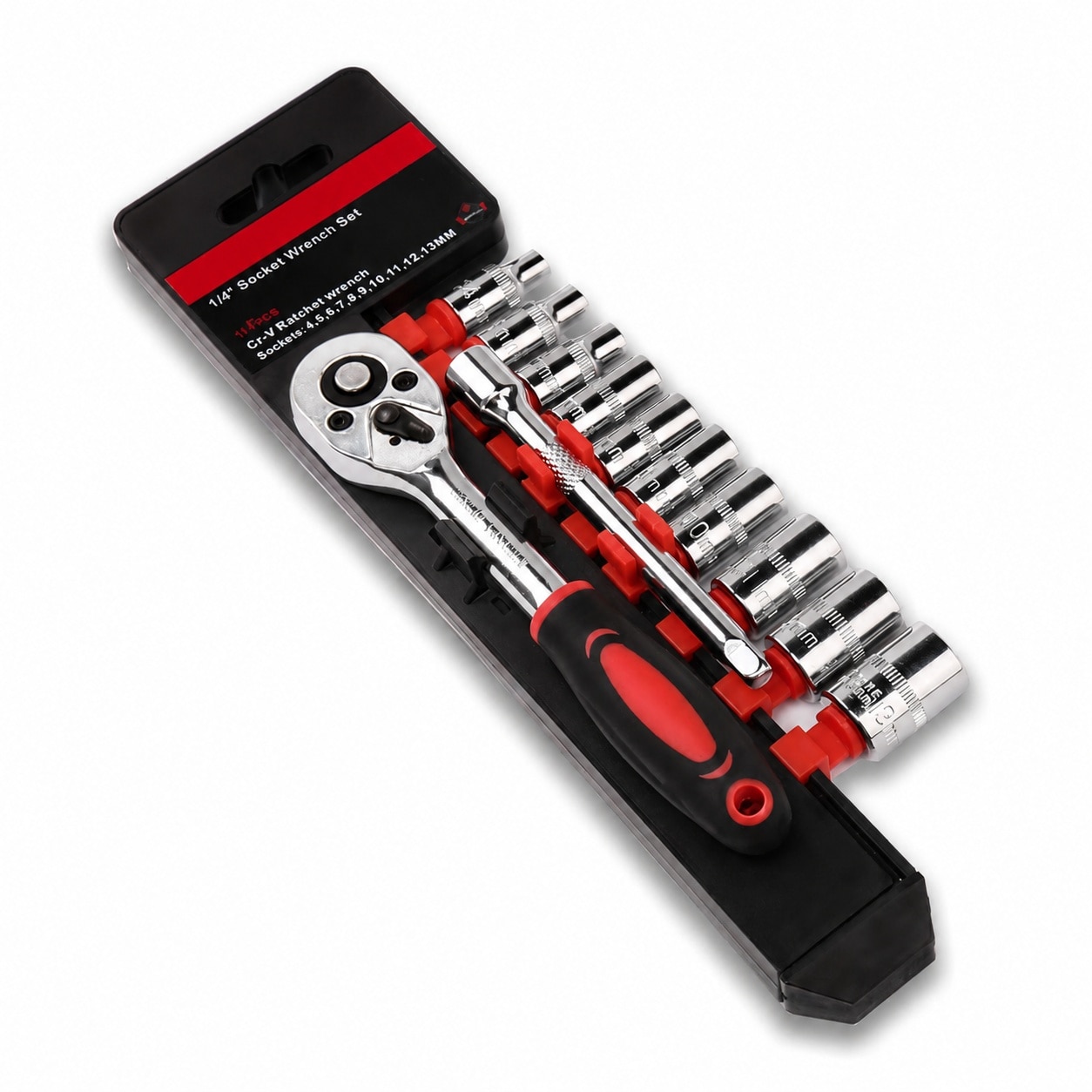Linder Group Inc Mini Ratchet Socket Wrench Set 12 pcs Metric Drive 4mm to 13mm with 10 Labeled Sockets Two Way Quick Release Ratchet Handle and Extension Bar