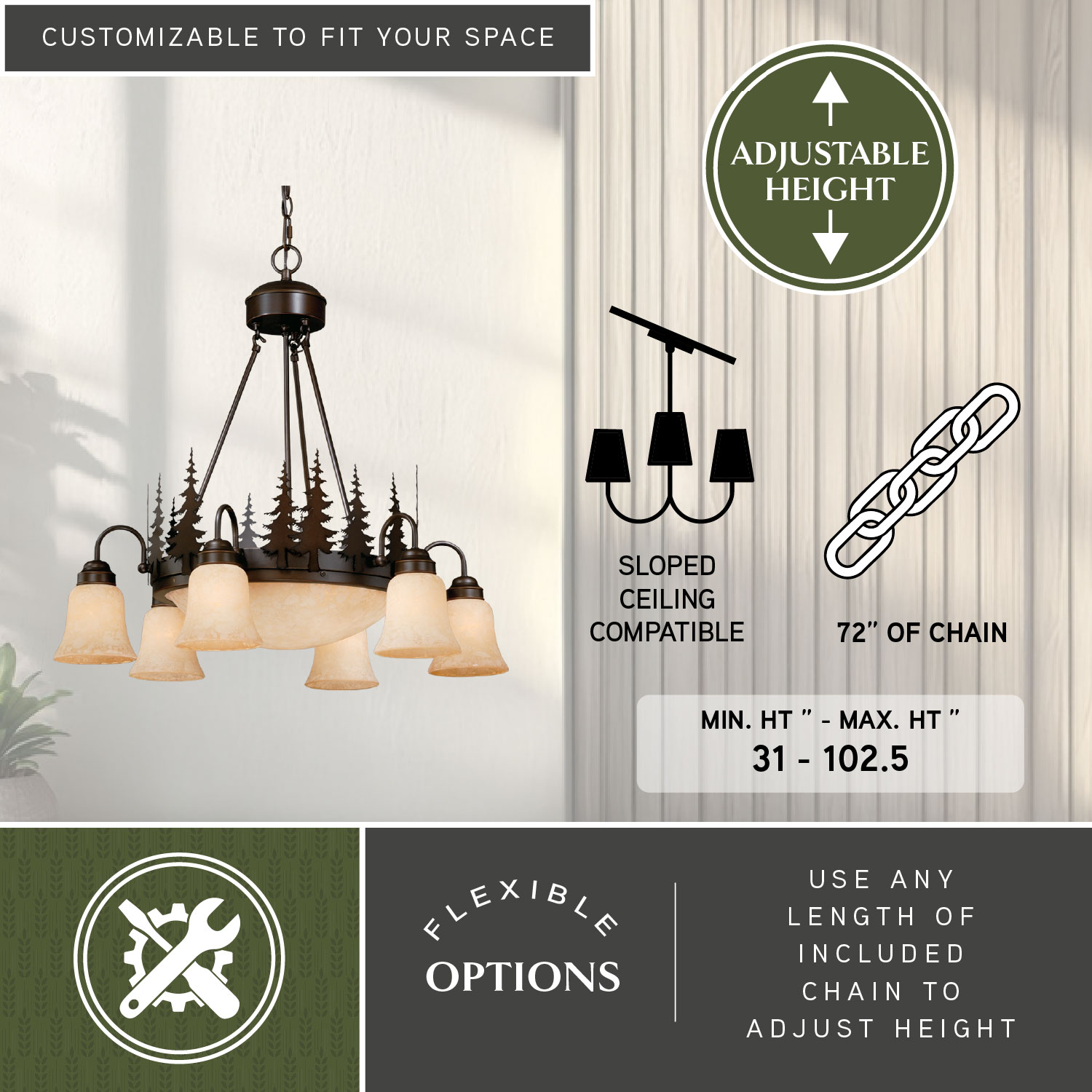 Yosemite Rustic Bronze Tree Silhouette Chandelier with Amber Flake Glass