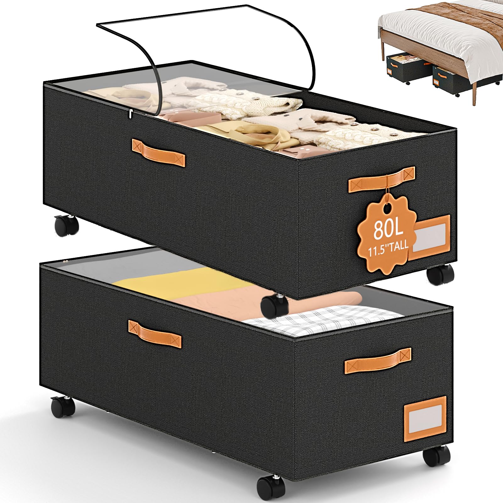 Misopily 1 Piece 80L XXL Under Bed Storage Container with Wheels 31.5 in L x 15.8 in W x 12 in H Clear Lid Rolling Organizer for Clothes Shoes Blankets
