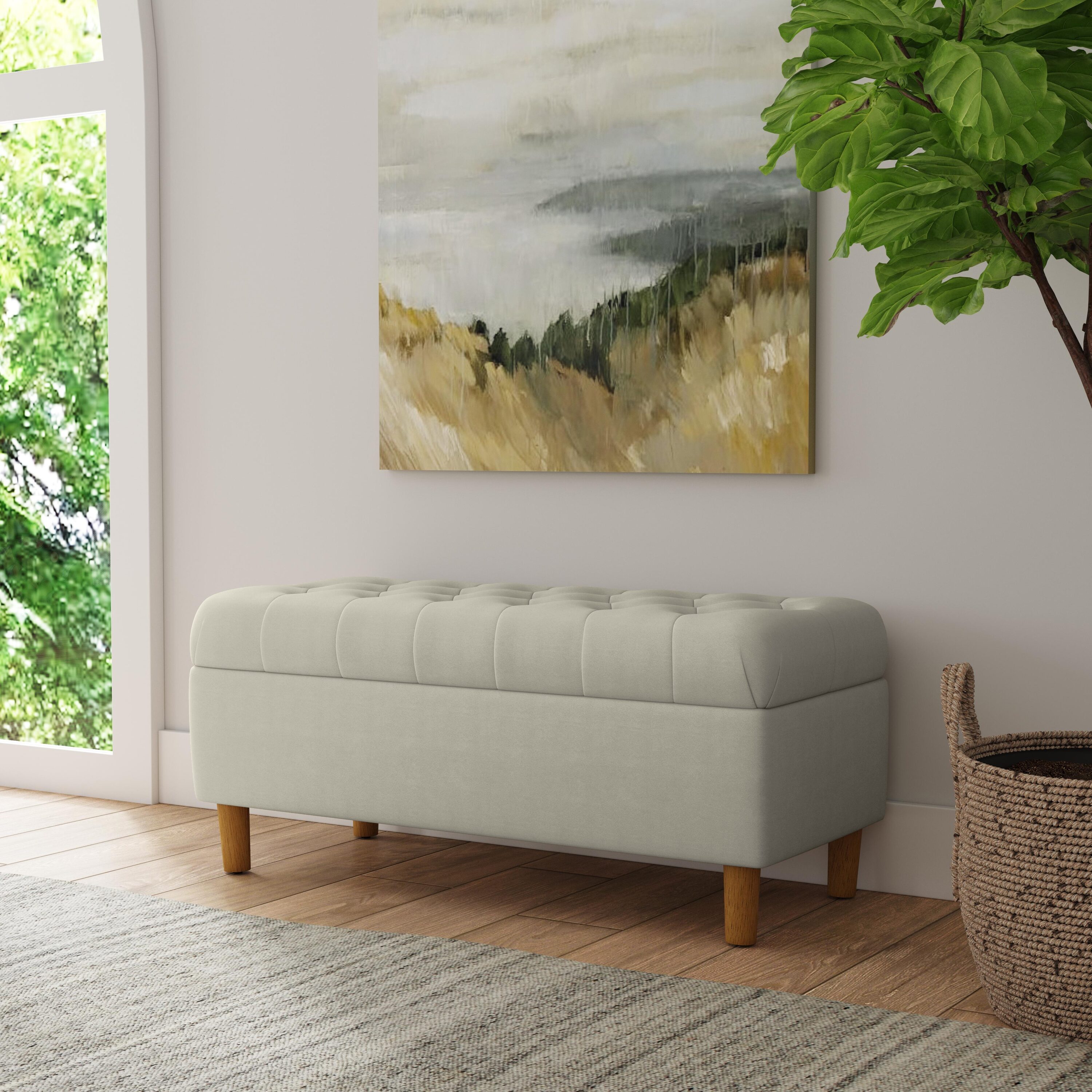 Fawn Velvet Tufted Storage Bench with Honey Oak Legs