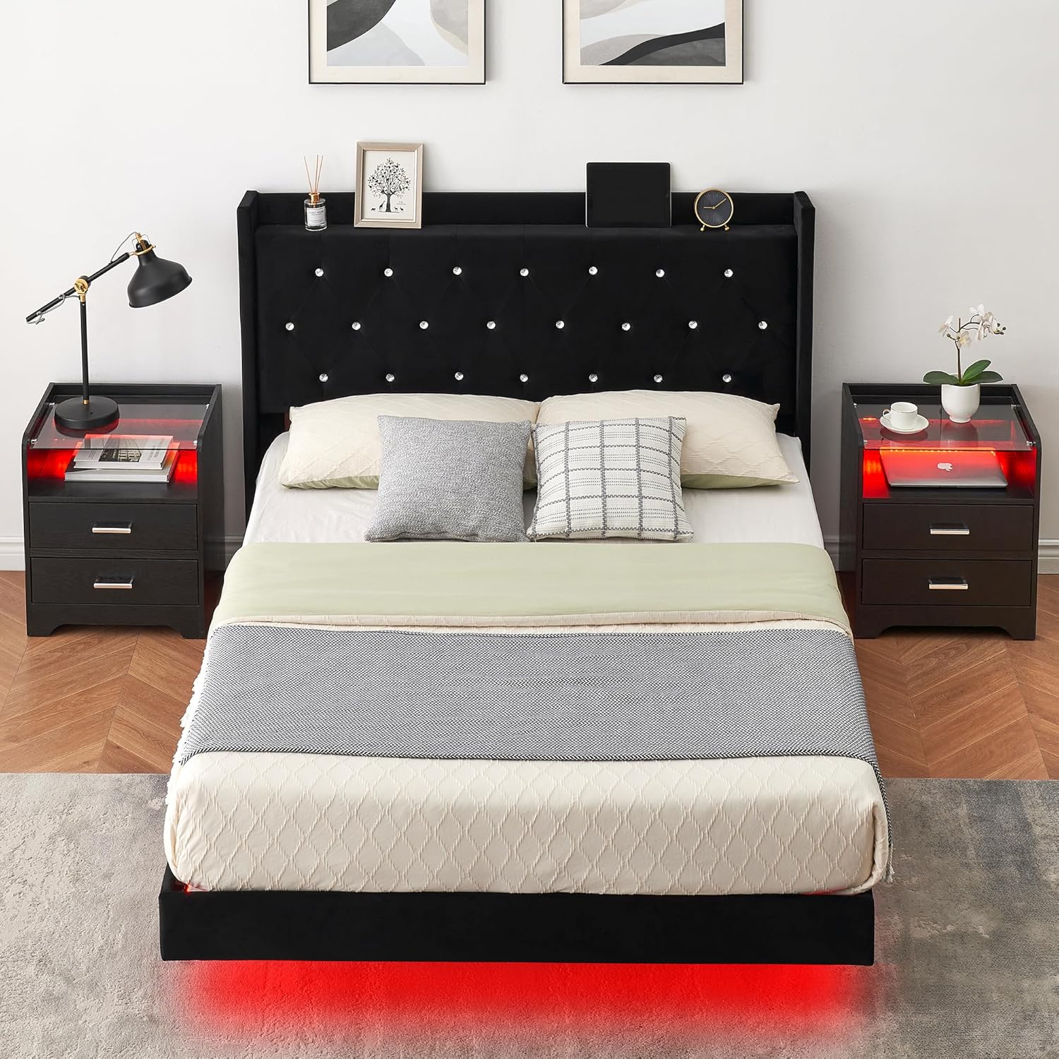 Qeetex LHF-BED-PHO-0ZW6E57Y Full Size Bed Frame with Headboard and LED Lights Black Floating Bed Frame with Wooden Slats Support Fully Upholstered Mattress Foundation No Box Spring Needed Easy Assembly