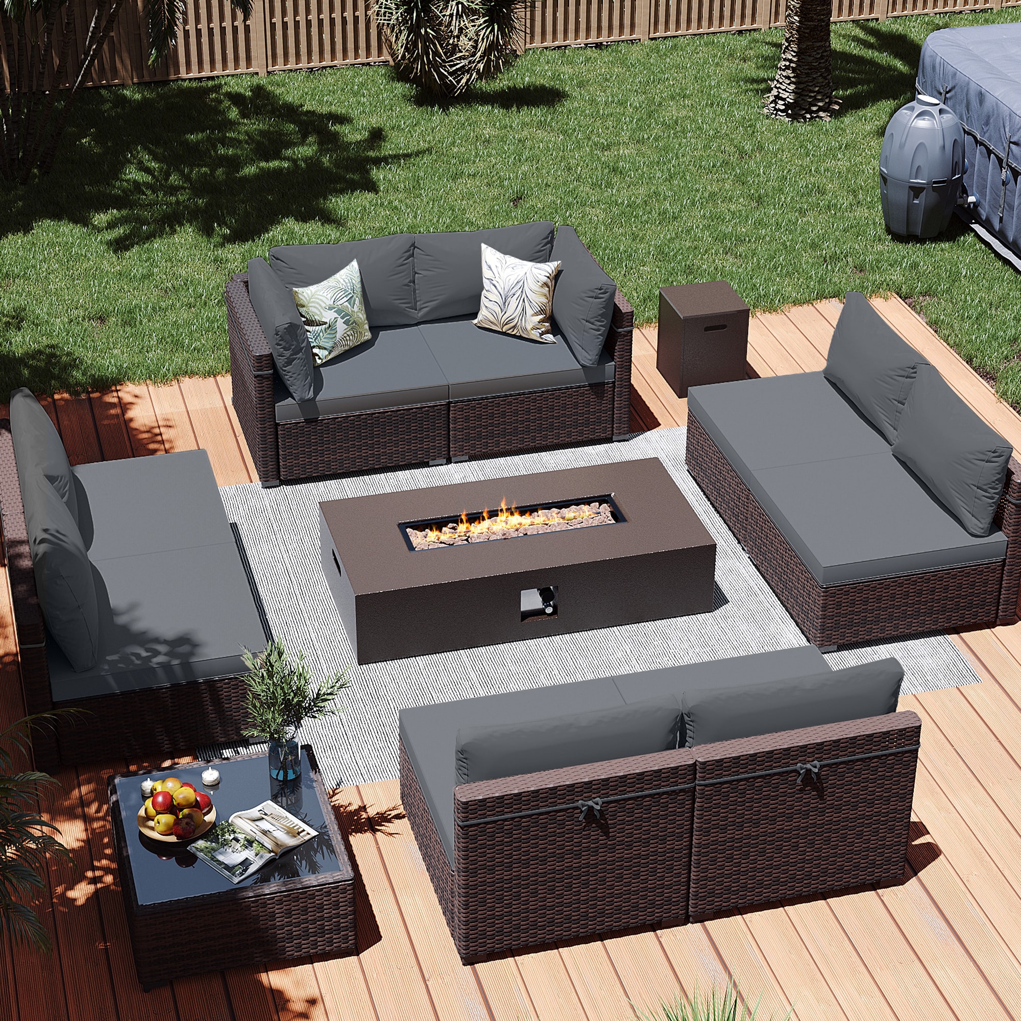 Patio Watcher LS-RT9-KD56BR-B3 10 -Piece Rattan Patio Conversation Set with Gray Cushions