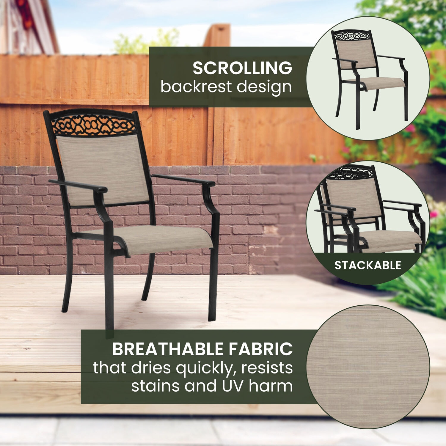 Elegant Rustic 7-Piece Outdoor Dining Set with Cast-Top Table and Sling Chairs
