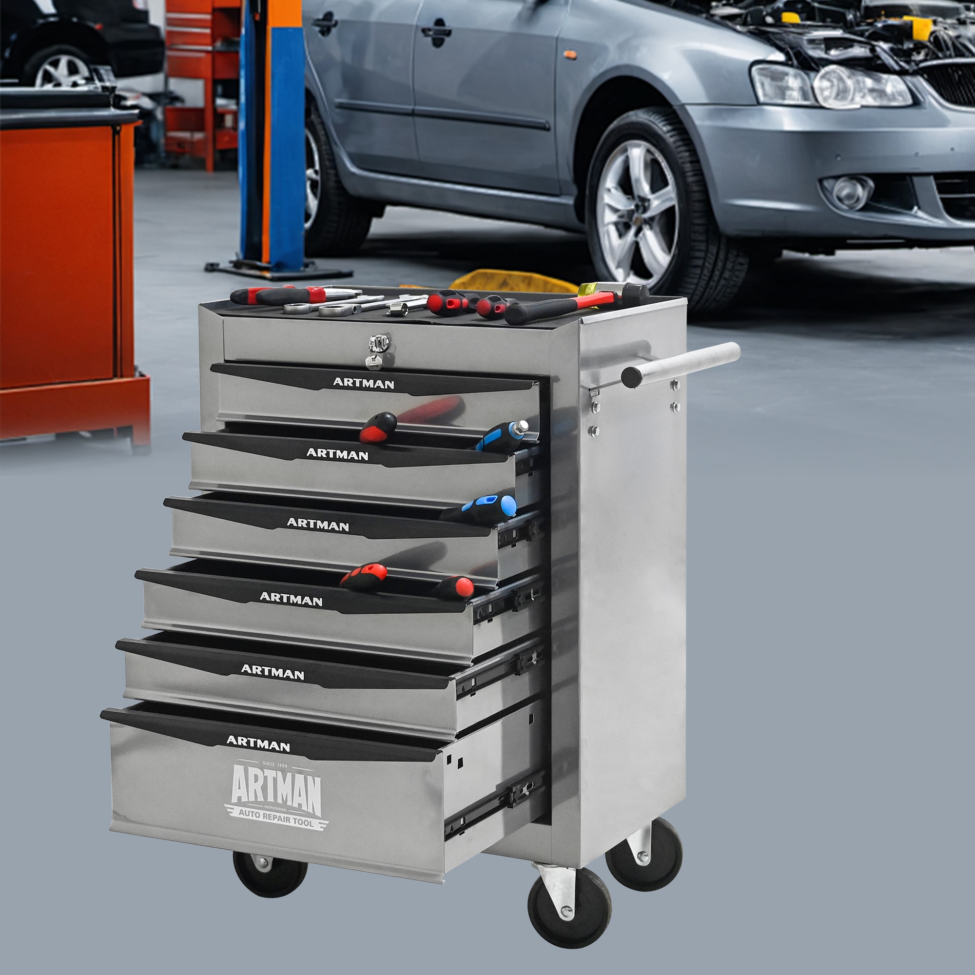 Boyel Living 20 inch 6 Drawer Rolling Metal Tool Chest Silver with Ball Bearing Slides #BL-AM37960