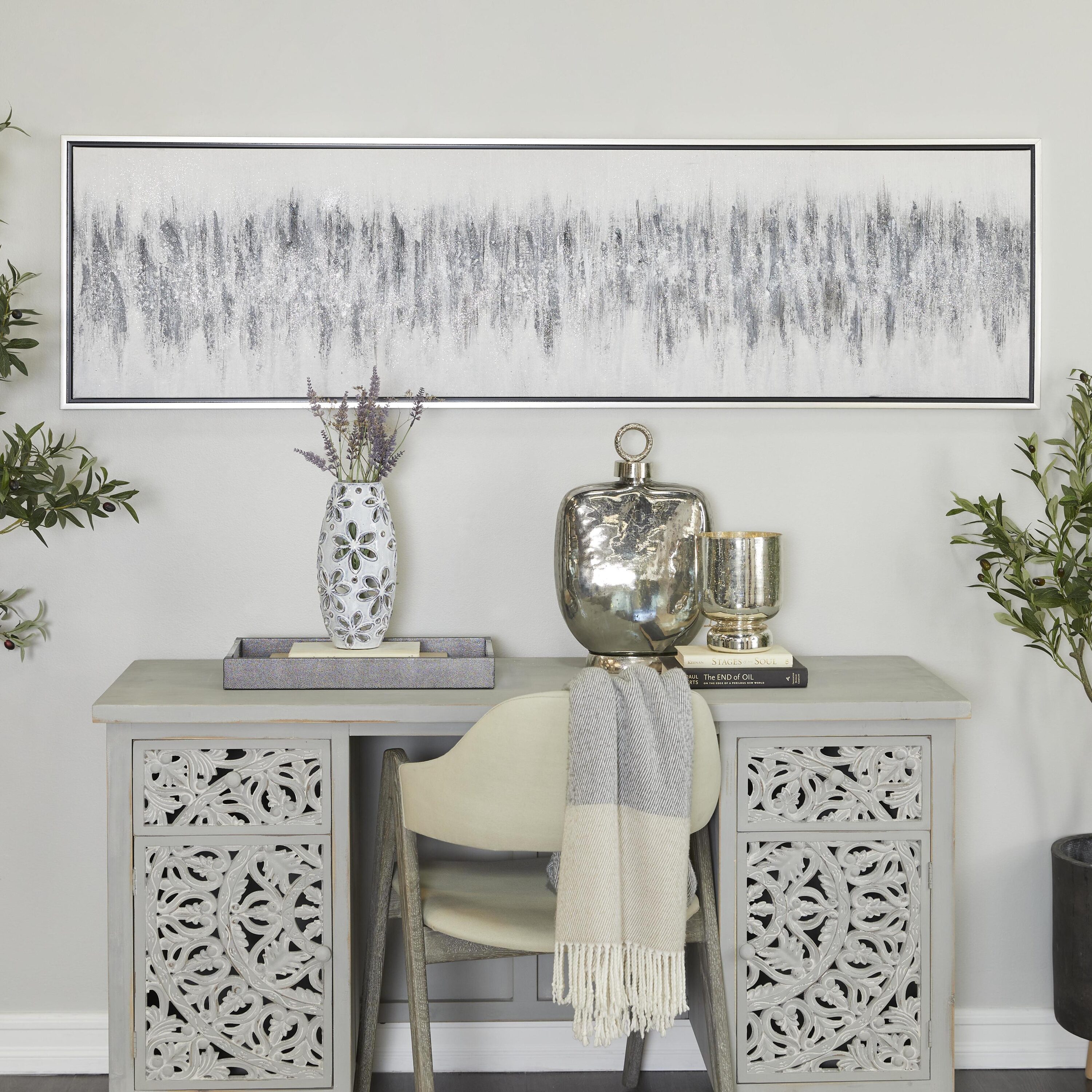 Grayson Lane 87852 Minimalist Gray Abstract Canvas with Silver Frame Silver Wood Framed 19.5-Inches H x 70.8-Inches W Abstract Wood Painting
