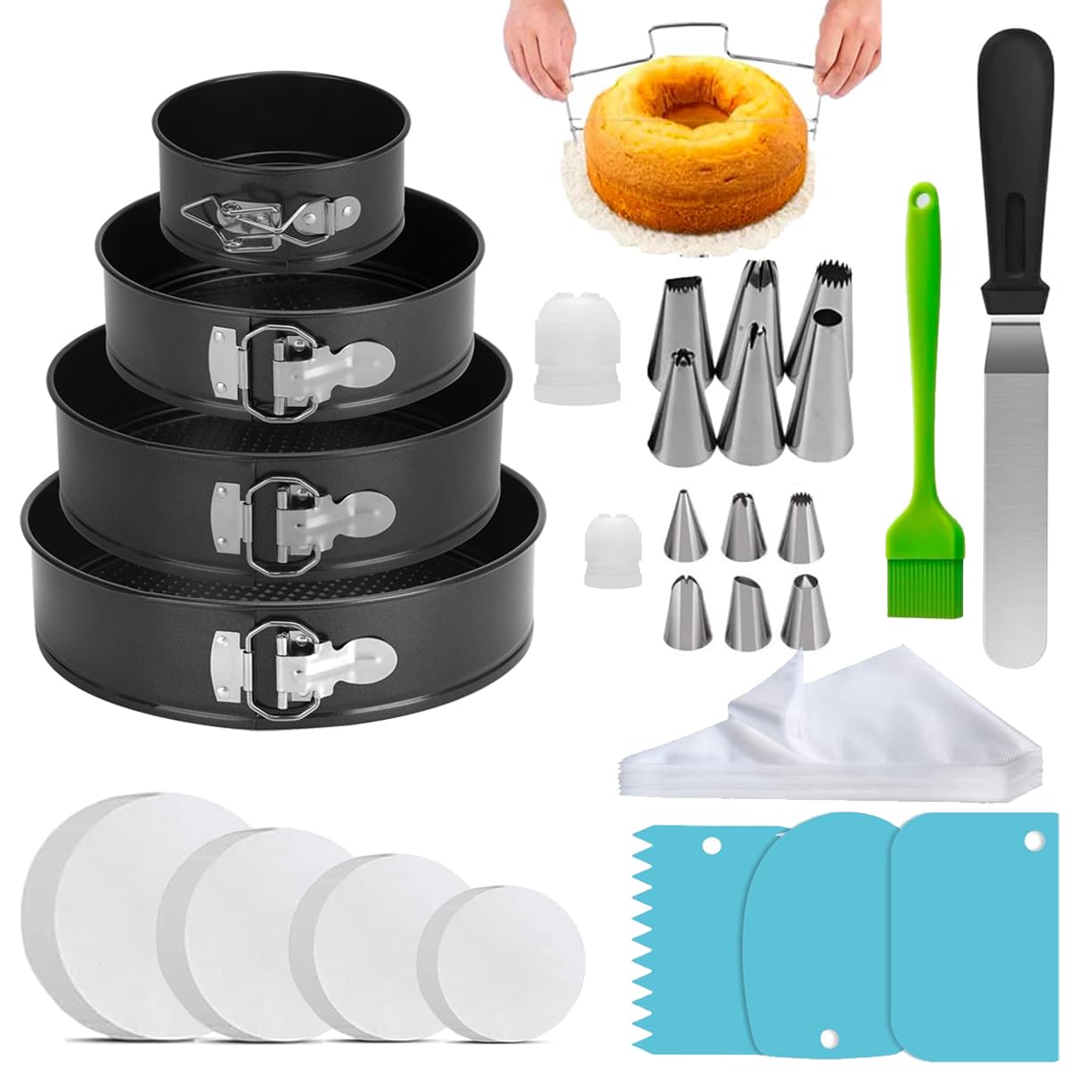 Yichuhaoxi  Round Cake Pan Set 4 Piece Nonstick Springform Pans 4 7 9 10 Inch with Cake Leveler Icing Tips Piping Bags Parchment Liners and Cake