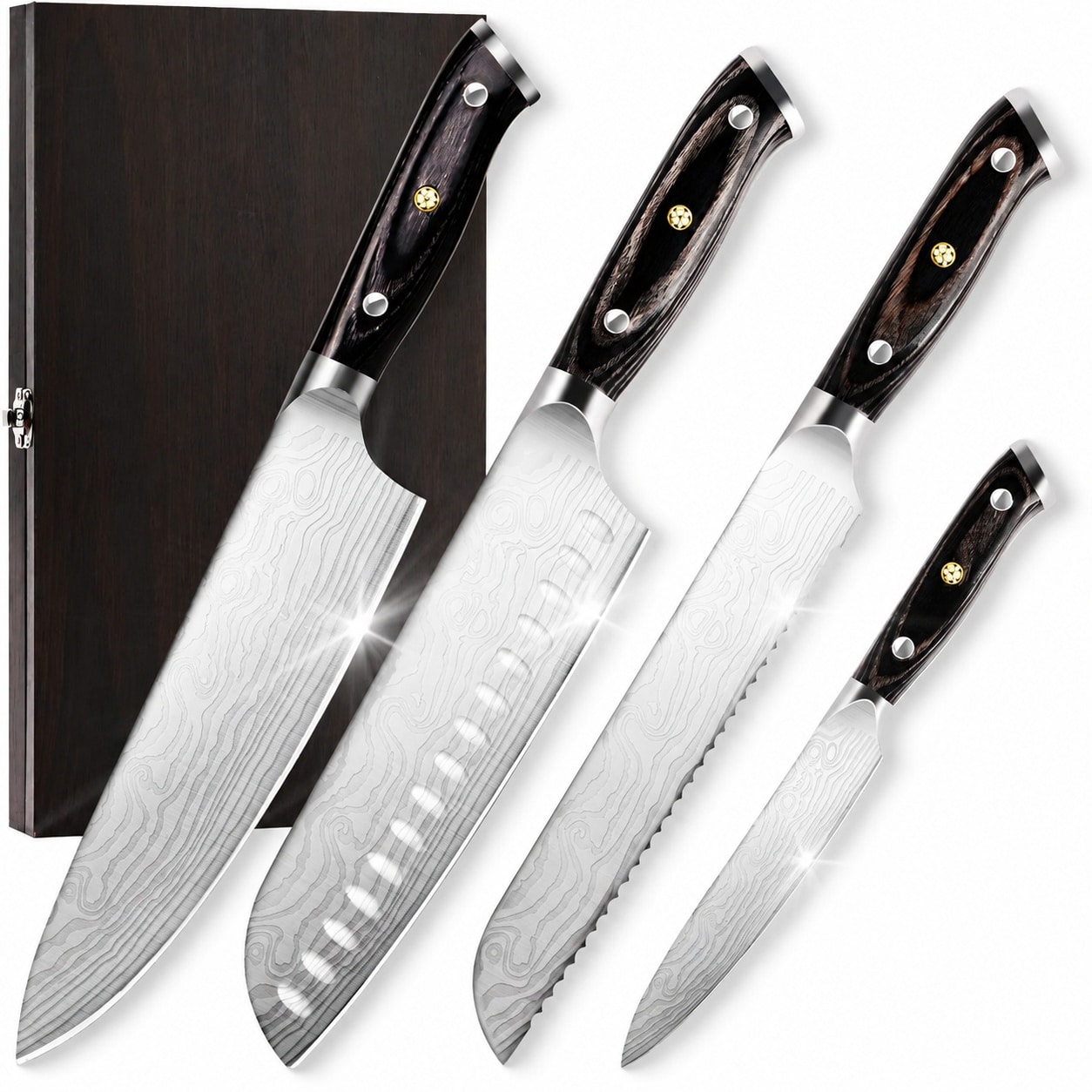 Phyfalip  4 Pieces Professional Kitchen Knife Set Damascus German Stainless Steel Chef Knife Set With Wooden Box 8 Chef Knife 5 Utility Knife 8