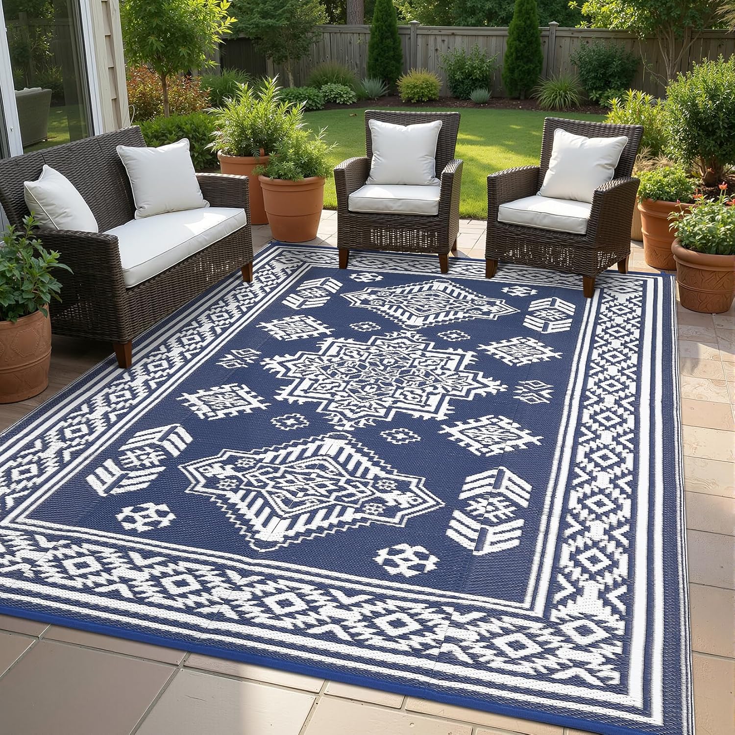 GarveeLife - 9x12 Ft Navy Boho Medallion Reversible Plastic Straw Outdoor Rug-Waterproof/Uv Resis...