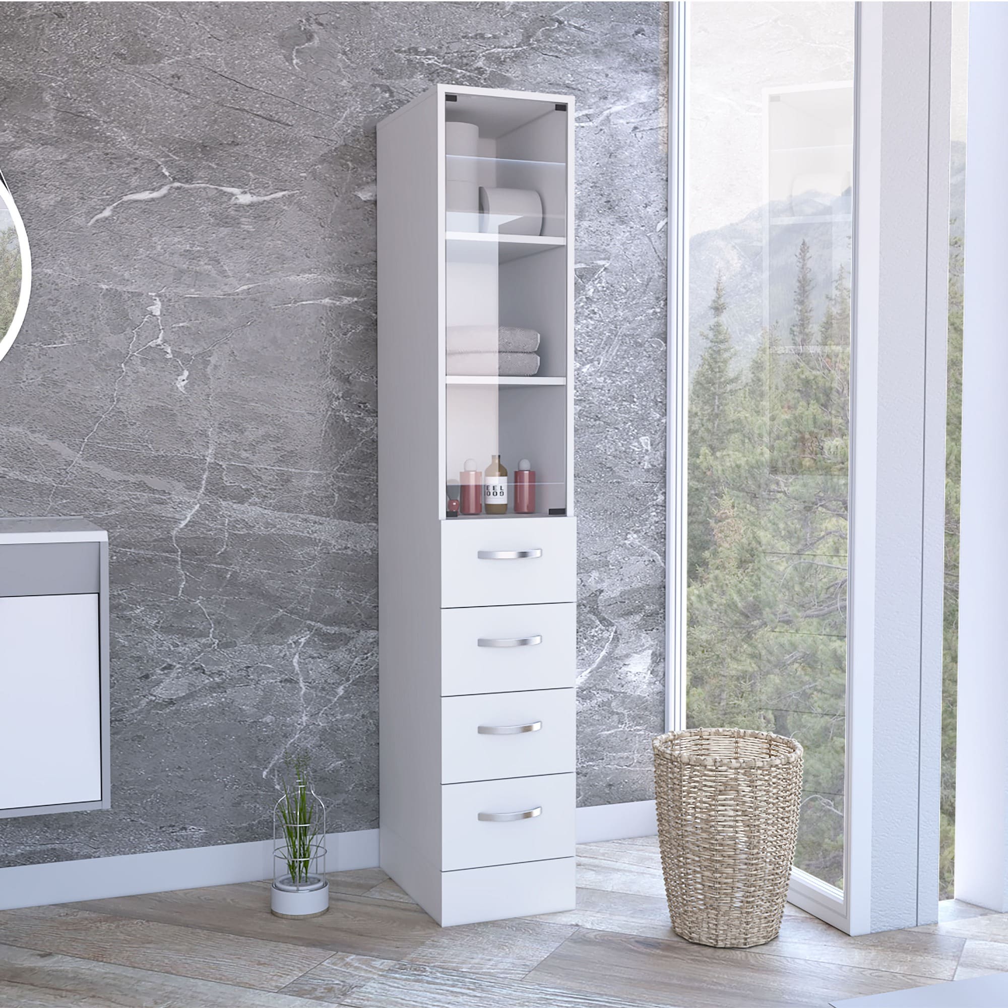 HyperDrop Cart 68-in H White Wood Bathroom Linen Storage Cabinet with 3 Shelves and 4 Drawers