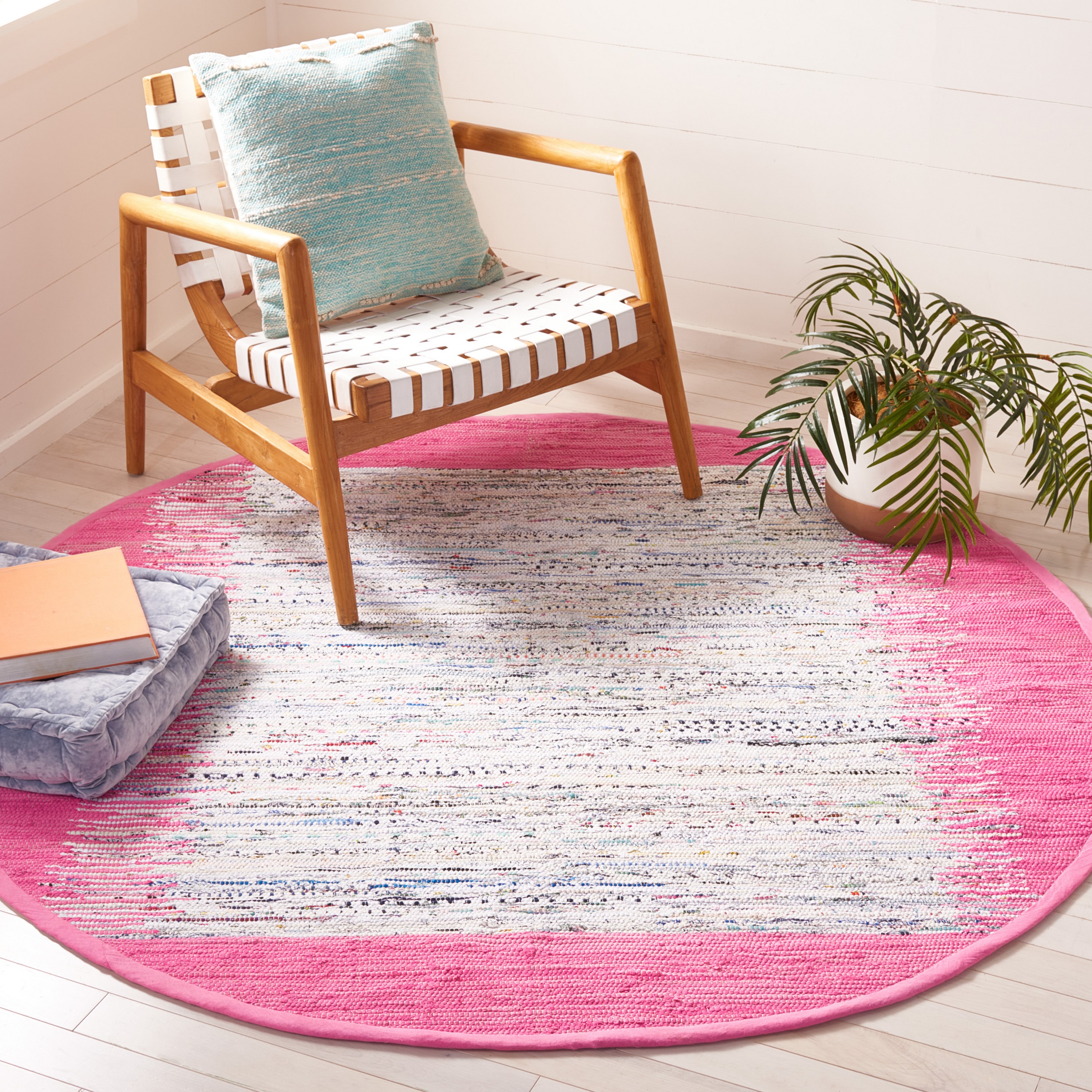 Safavieh MTK711A-6R Montauk Keeling 6 x 6 (ft) Cotton Ivory/Pink Round Indoor Border Coastal Area rug