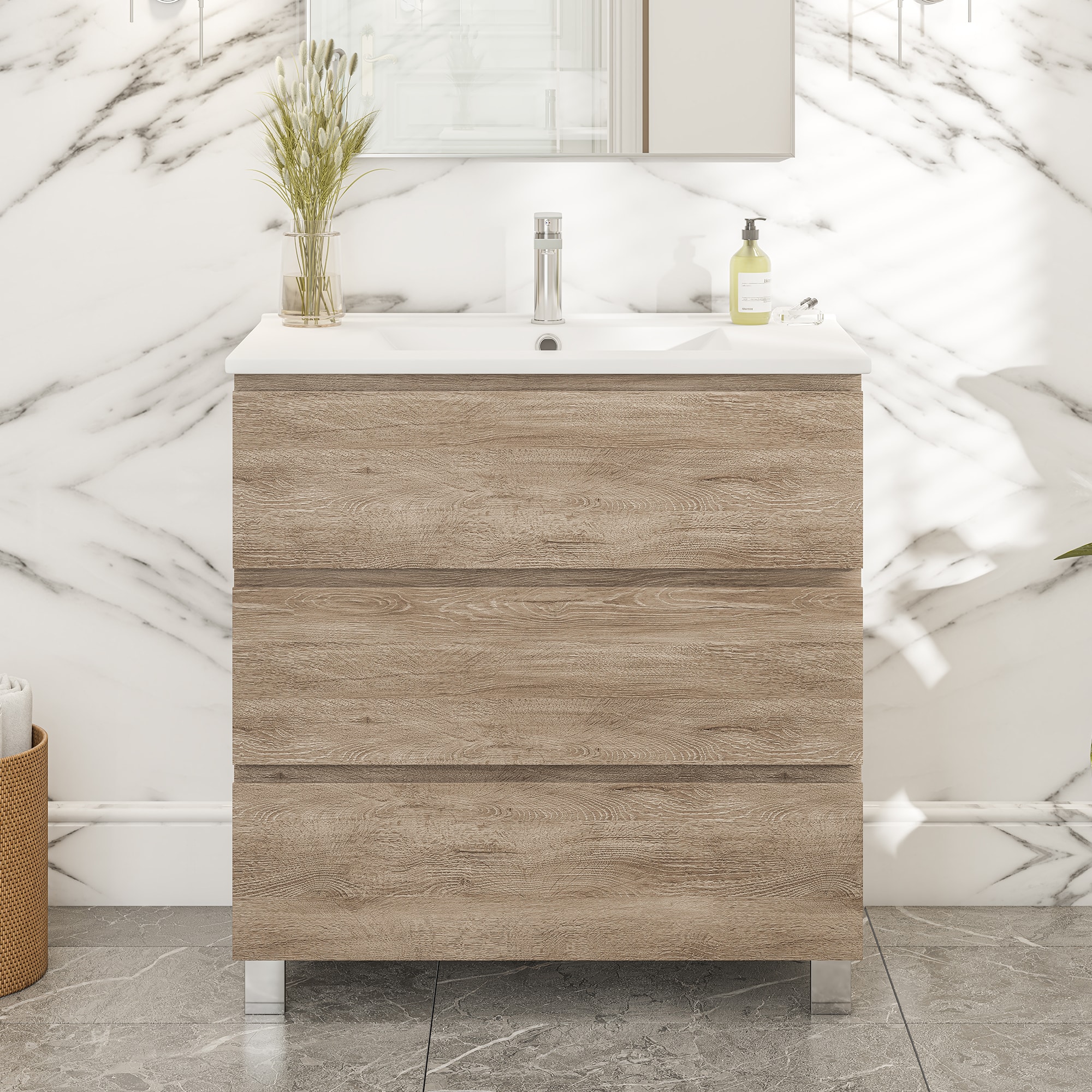 Eviva EVVN544-28NOK Vigo 28-in Natural Oak Single Sink Bathroom Vanity with White Porcelain Top