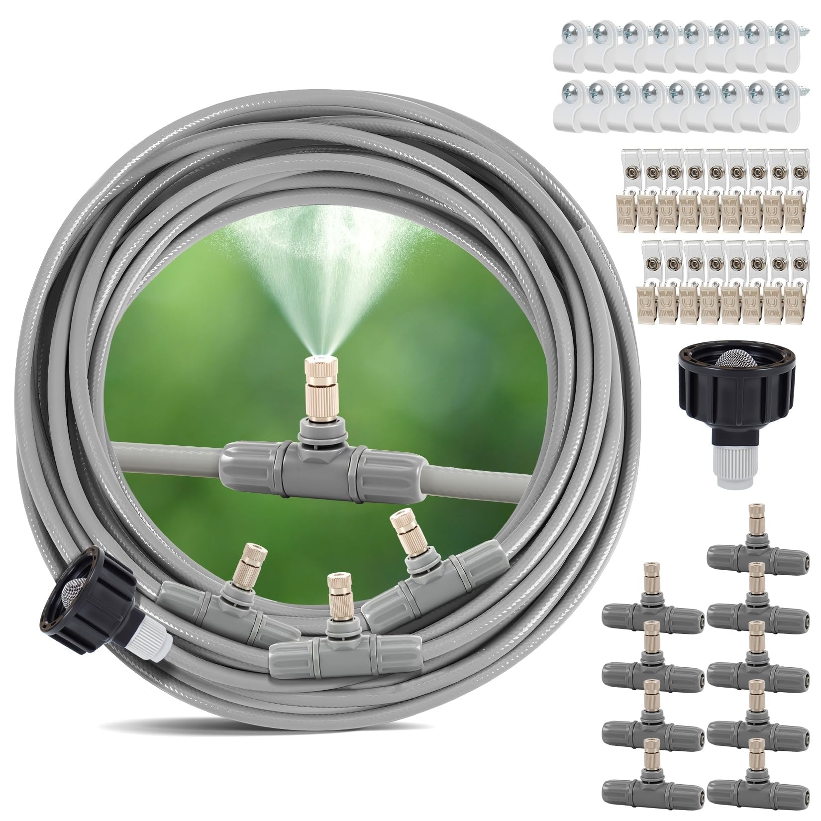 Adrinfly  40FT Water Misting System Kit with 9 Nozzles 1 Roll 1/4 Inch PVC Hose 3/4 Inch Adapter for Patio Garden Greenhouse Pool Outdoor Cooling