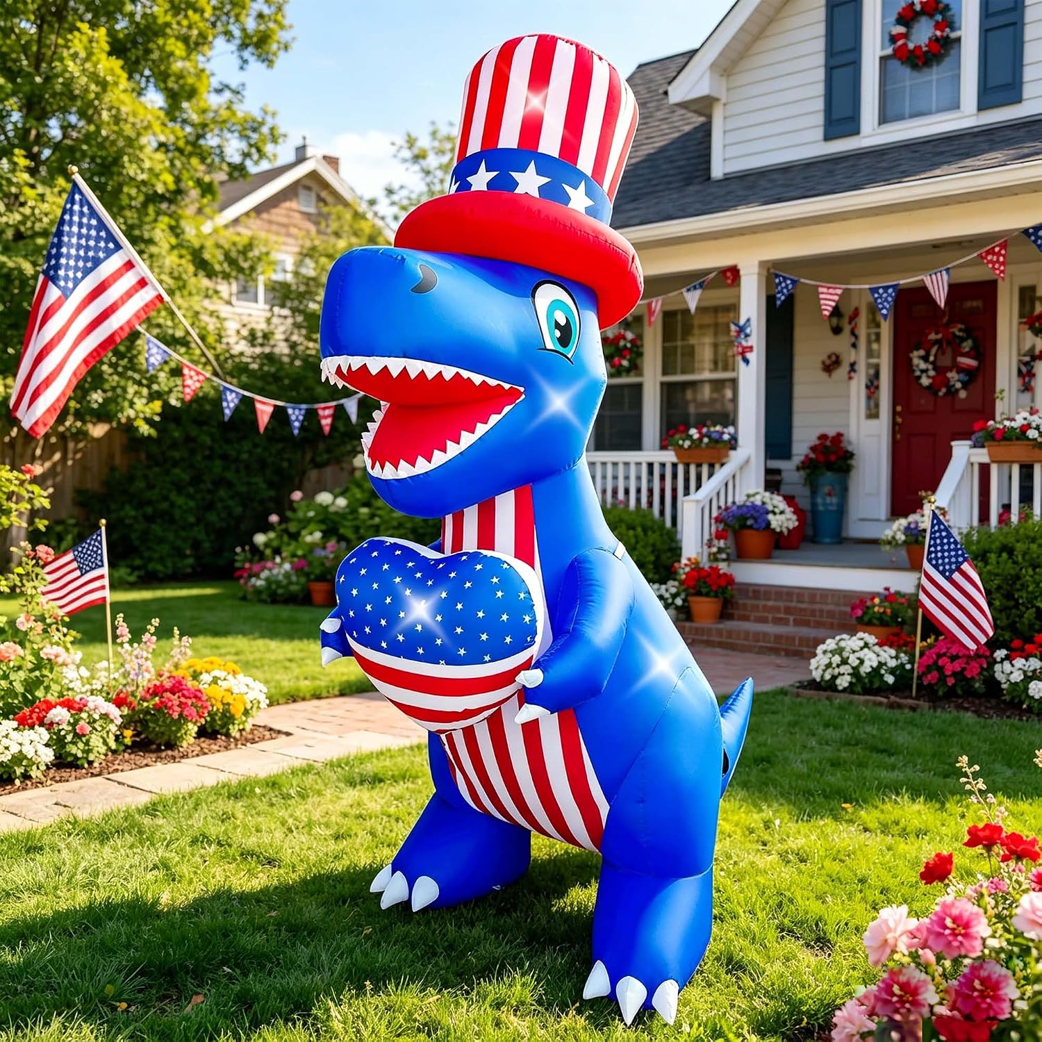 Seasonblow 8 Ft Patriotic Dinosaur with Heart LED Light Inflatable Outdoor Decoration for 4th of July Independence Day Lawn Yard Garden
