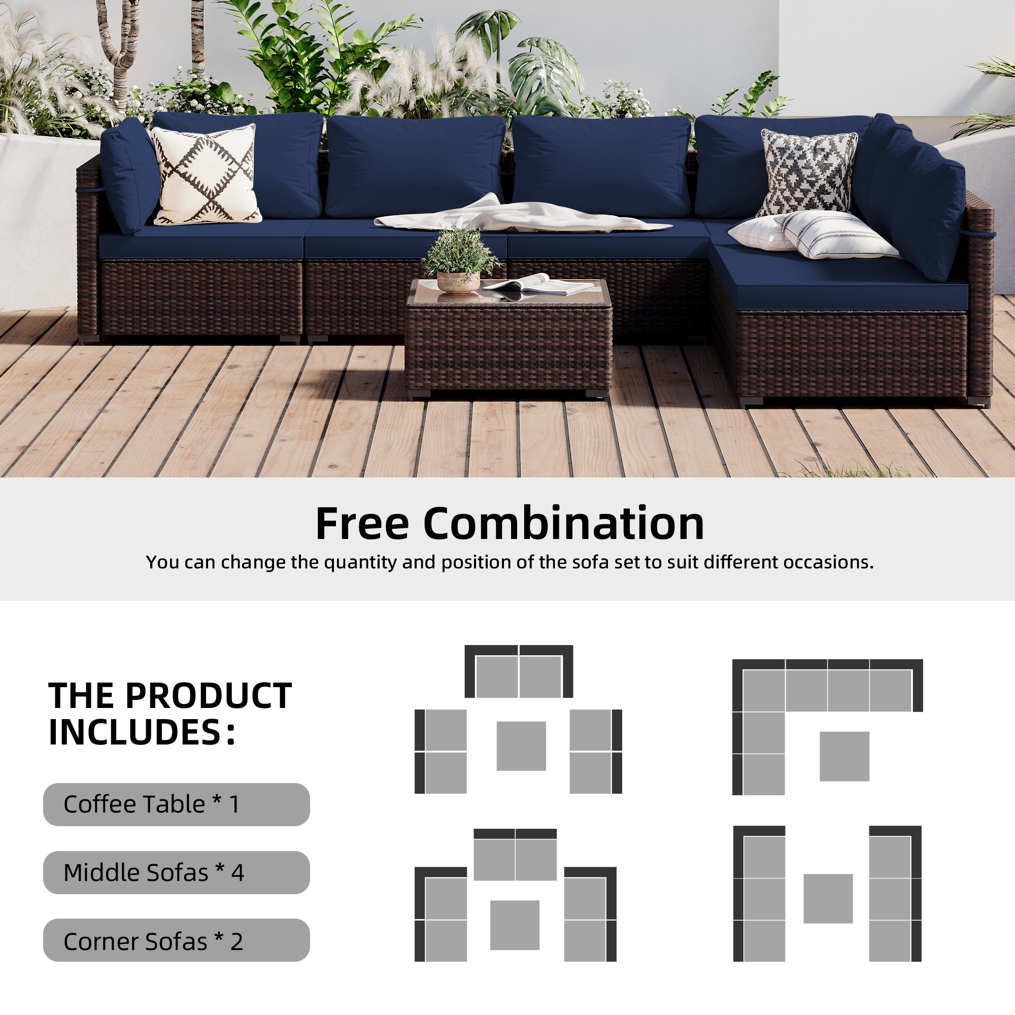 JUSKYS 7-Pieces Patio Furniture Set All-Weather Sofa Set Brown Wicker Patio Conversation Set W/ Table And Purplish-Blue Cushion OLBR8456 - The Home Depot