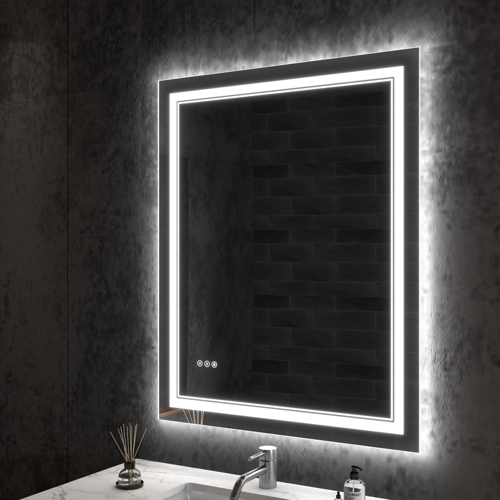 ExBrite DHBM2836BLAL NOIR 32-in x 40-in Polished Frameless Rectangle Dimmable Lighted Fog Free Bathroom Vanity Mirror ( WHITE )