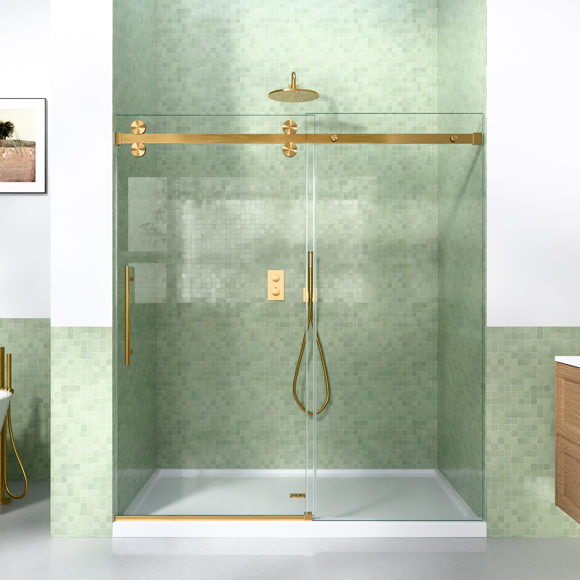 JUSHUA 56-60 inch W x 72 inch H Brushed Gold Frameless Sliding Shower Door with 5/16 inch 8 mm SGCC Tempered Glass Flat Track Rollers and Towel Handle