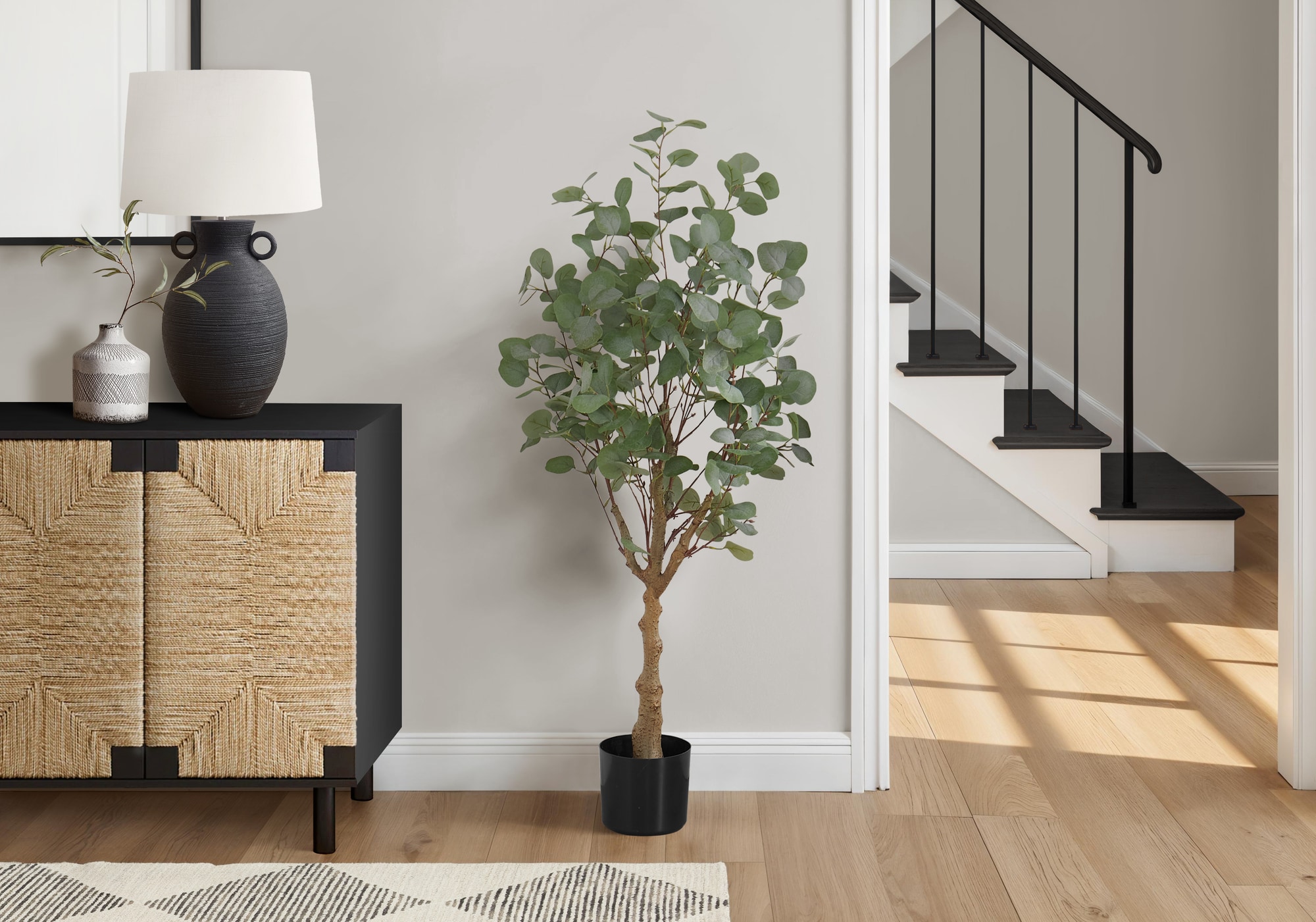 Huluwat Artificial Plant 46inches Tall Eucalyptus Tree Indoor Faux Fake Floor Greenery Potted Decorative Green Leaves Black Pot