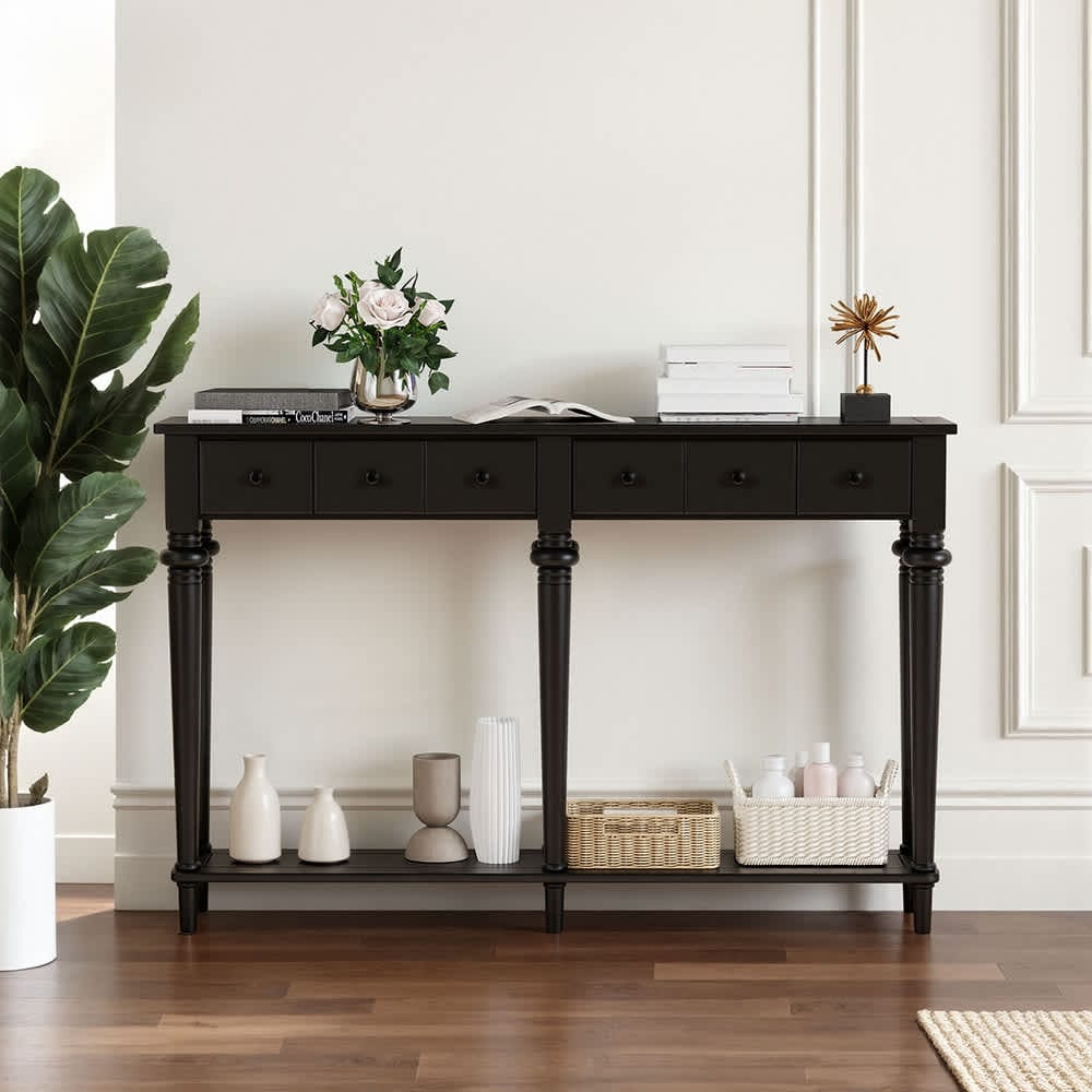Coolbibila MIA-CONSOLE-BLACK Black Solid Wood Console Table with 4 Drawers and Open Shelf Vintage MDF Entryway Table for Hallway
