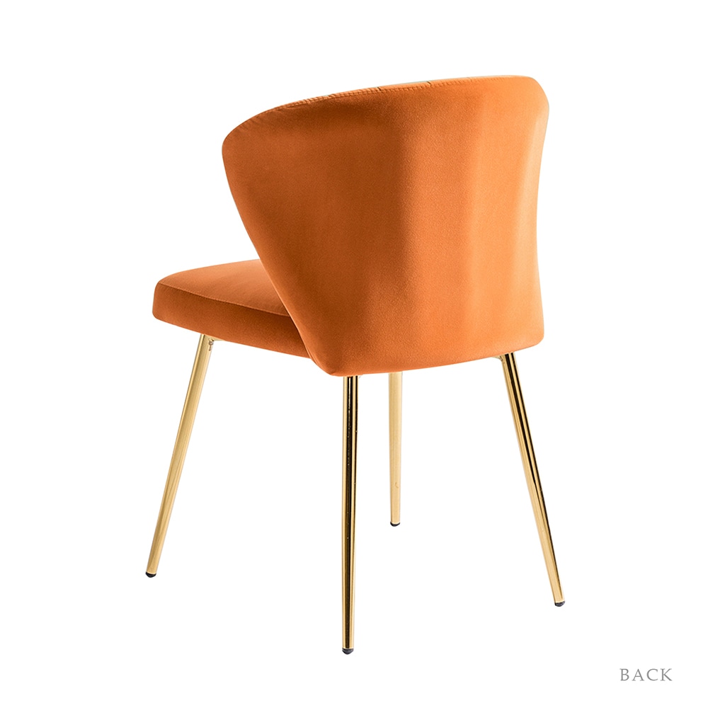 Velvet Upholstered Low Back Side Chair in Orange with Brass Legs, Set of 2