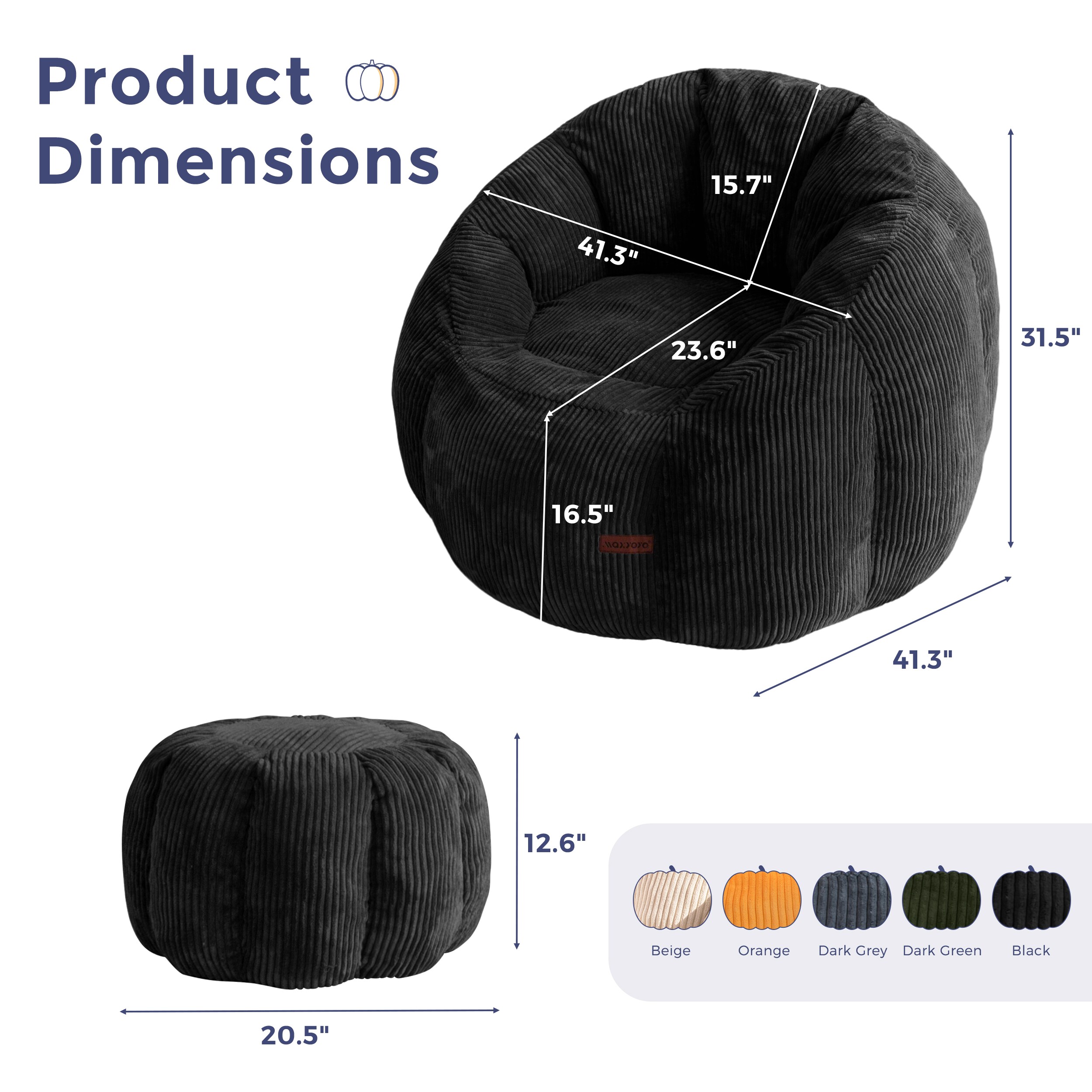 MAXYOYO Giant Black Corduroy Bean Bag Chair with Ottoman Pumpkin
