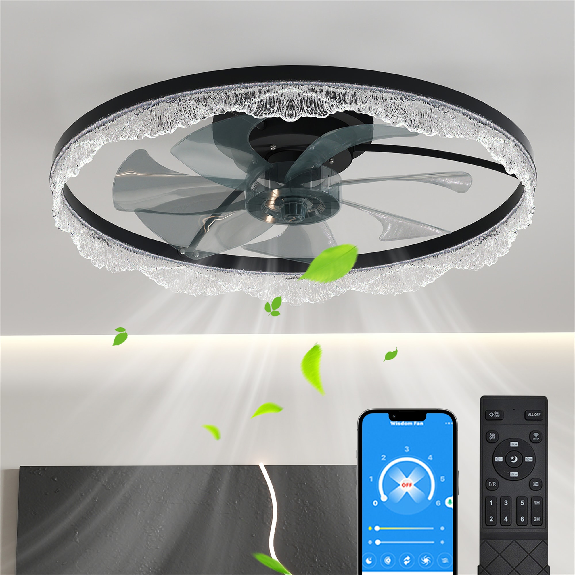 BABOOM BOM-297179-OR 24" Decorative LED Ceiling Fan Light 23.6-in Color-Changing Integrated LED Flush Mount Black with ABS Blades Fandelier Ceiling Fan With Light - Remote Included ( 7 -Blade )