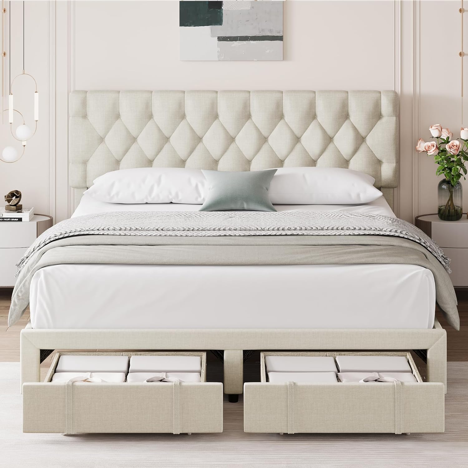 Qeetex LHF-BED-PHO-158MO7U0 Full Size Upholstered Platform Bed Frame with Storage Drawers Mattress Foundation with Solid Wooden Slats No Box Spring Needed Beige