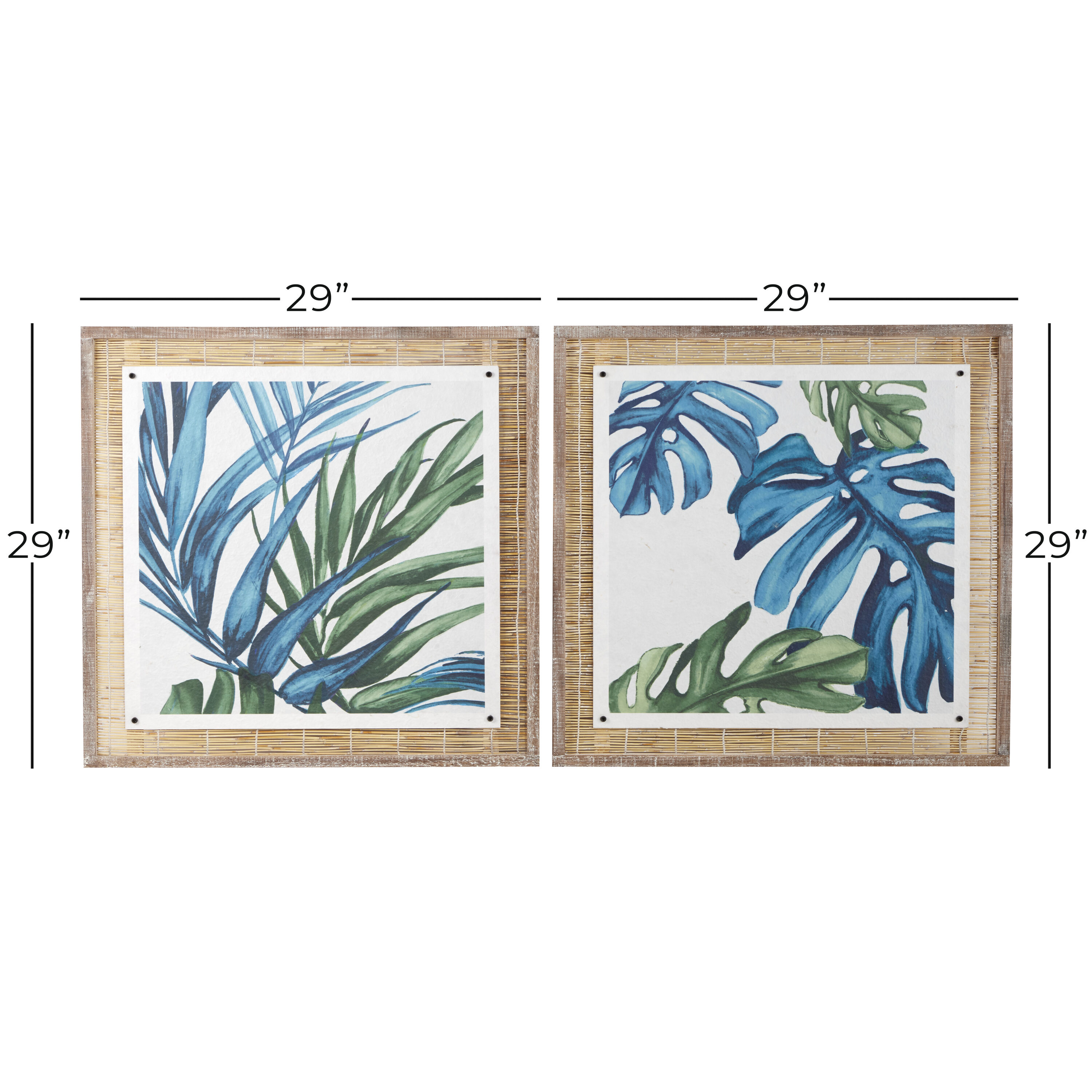 Blue and Green Abstract Leaf Wall Art with Brown Wood Frame, Set of 2