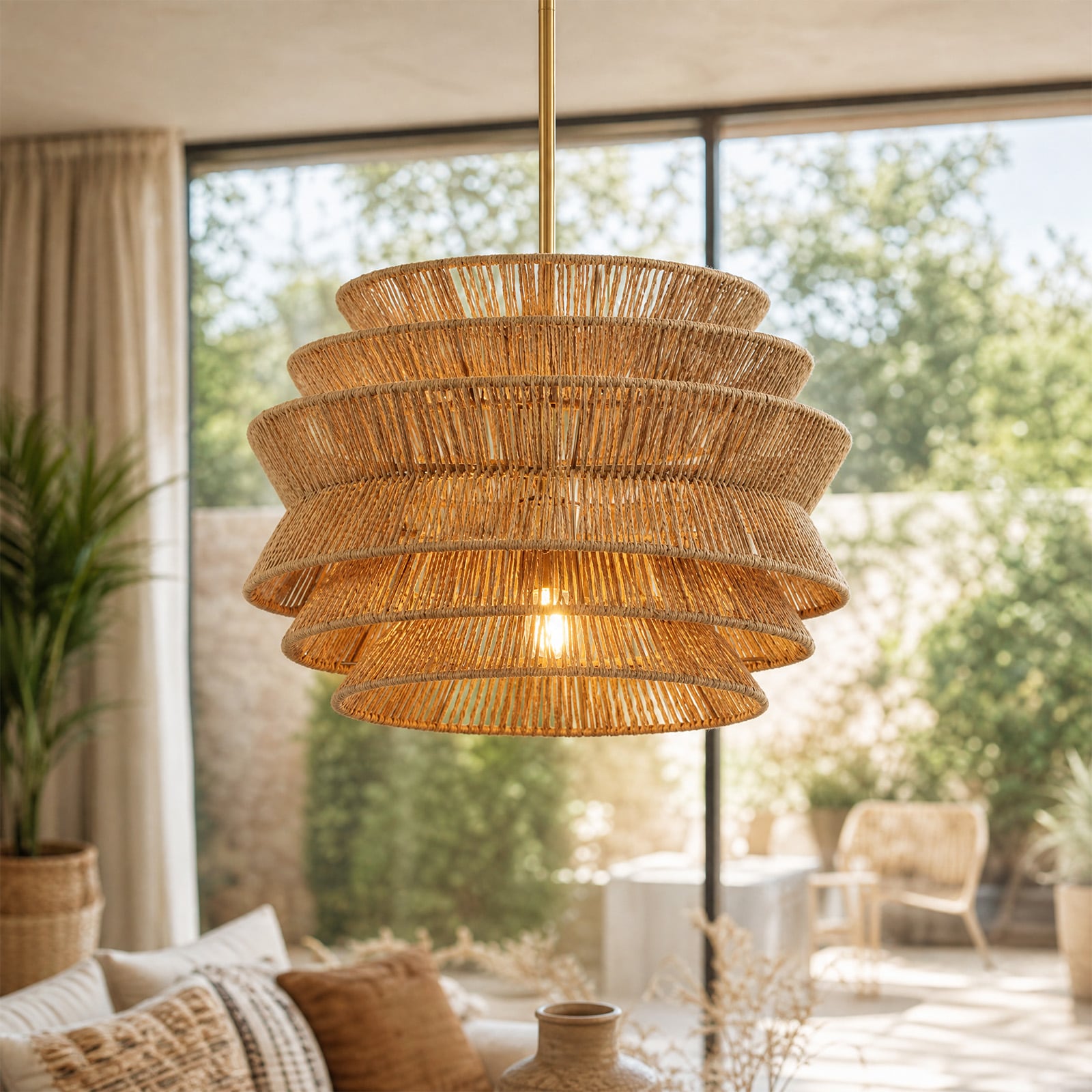kanslol 1-Light Modern Rattan Pendant Light Hand-Woven Shade Kitchen Light for Dining Room and Bedroom