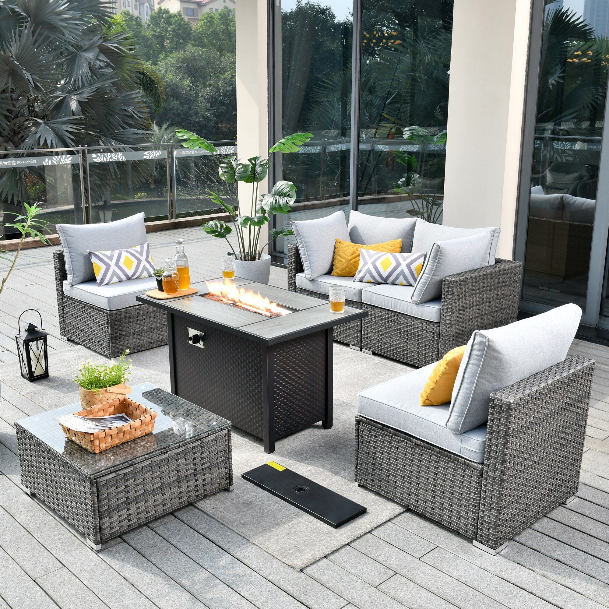 XIZZI Sunrise 6-Piece Rattan Patio Conversation Set with Gray Cushions ...