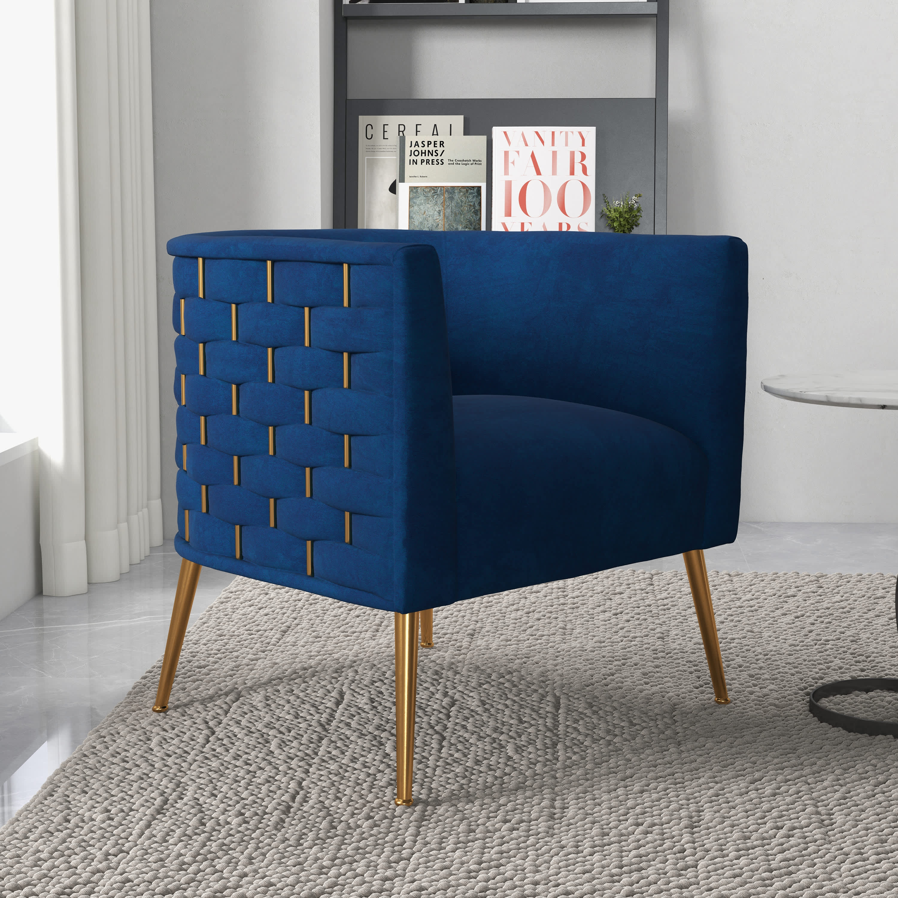 SEYNAR XY616-NAVY Mid Century Modern Velvet Accent Chair and Gold Finish Barrel Chair for Living Room