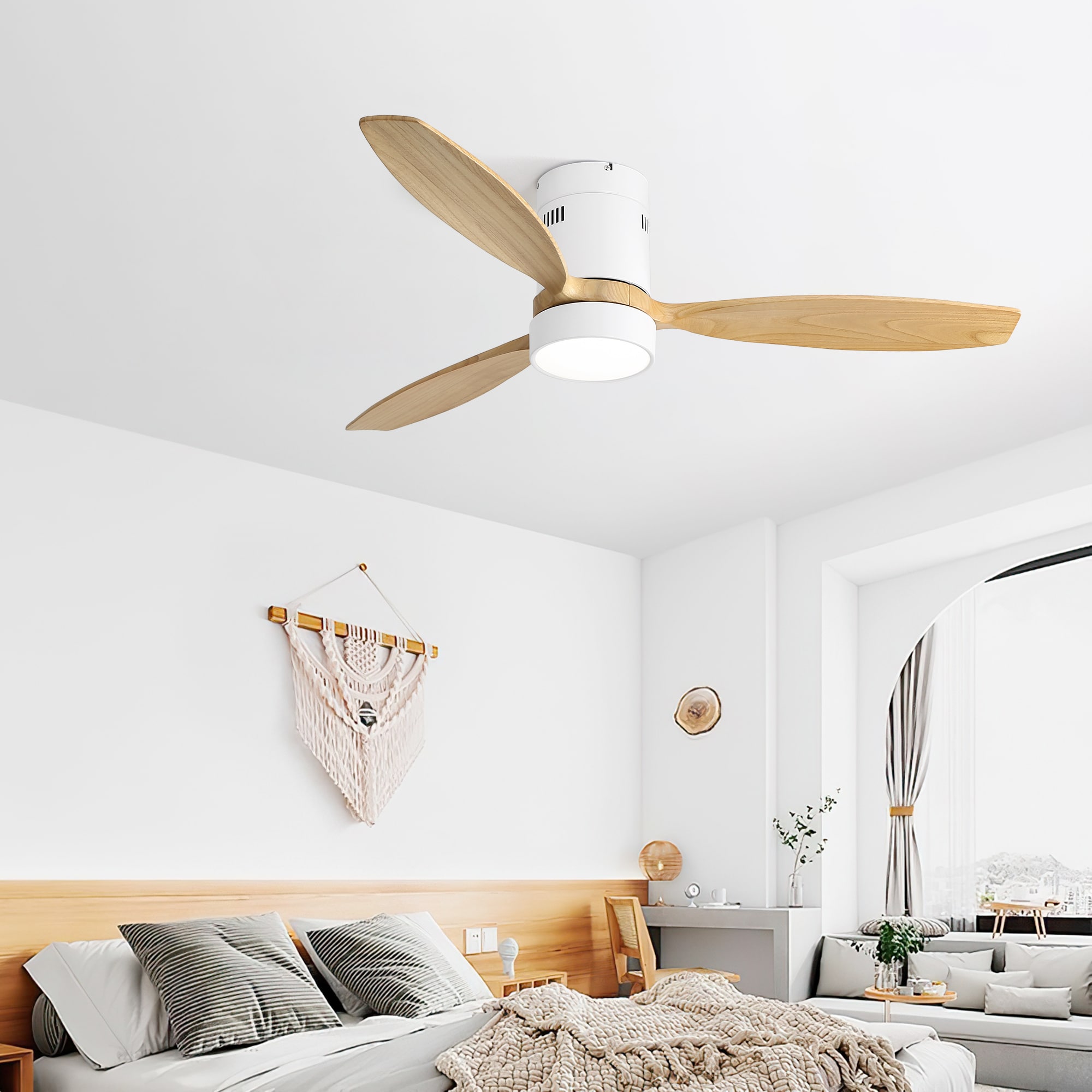 BABOOM BOM-P146081-OR 52-in Color-Changing Integrated LED Flush Mount White with Brown Blades Ceiling Fan With Light - Remote Included ( 3 -Blade )