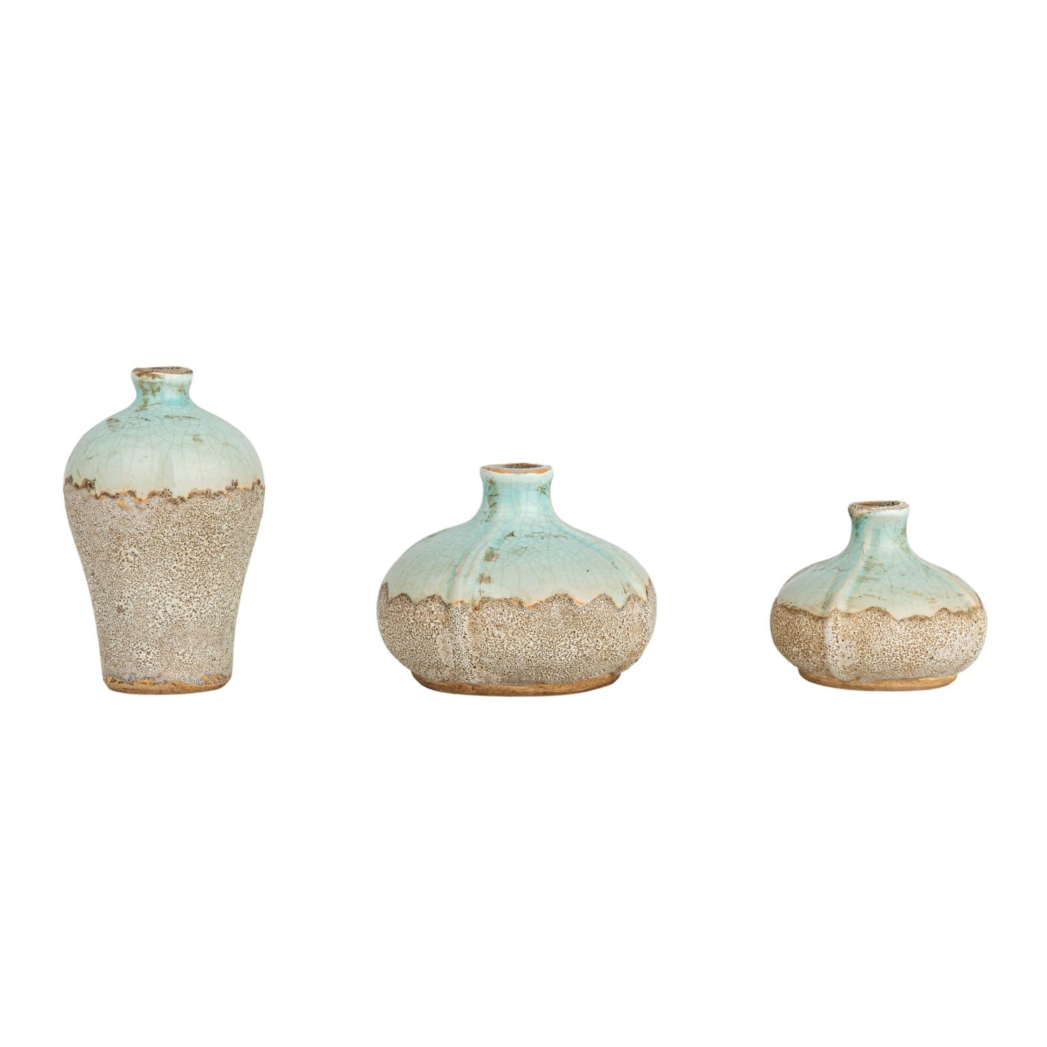 Set of 3 Distressed Aqua and Beige Ceramic Table Vases