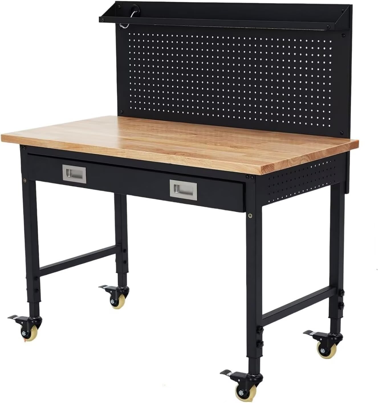 Qeetex JXNAG-PHO-0ZEAVR8R 48x24 Inch Adjustable Rolling Workbench Heavy Duty Work Bench with Power Outlets Lights Storage Drawer Pedboard 30 Hooks Wooden Tool Bench for Garage Workshop