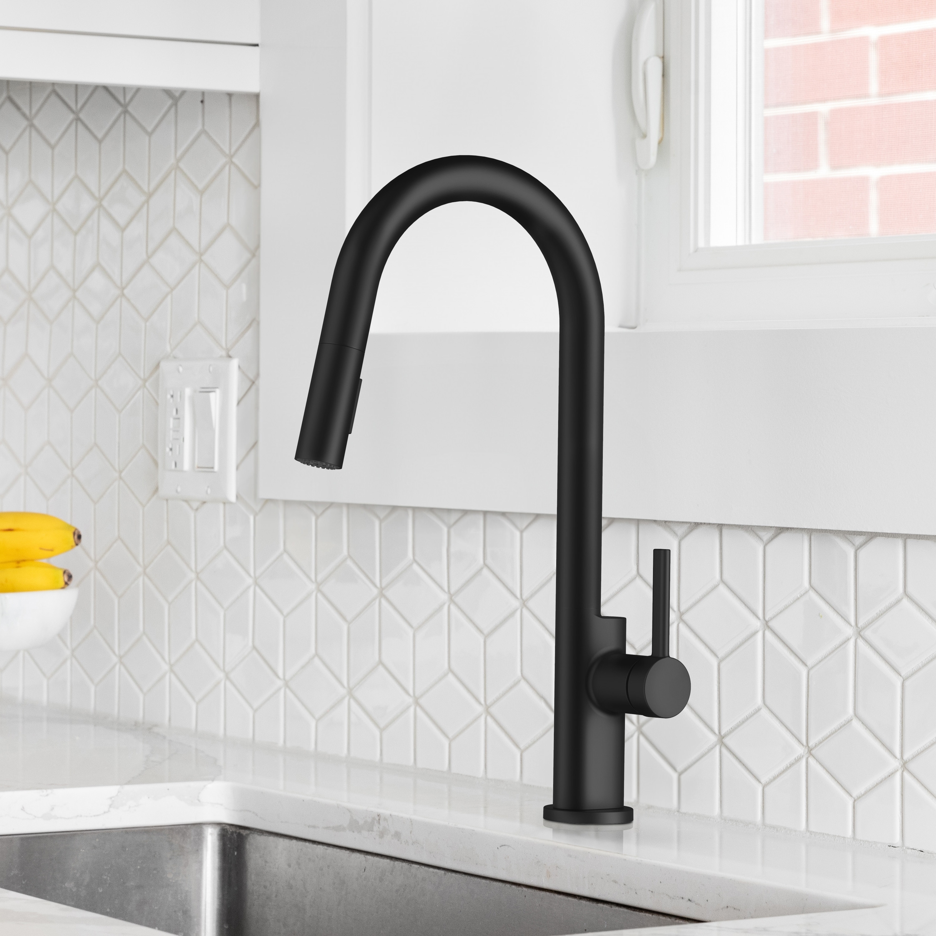 allen + roth FP4AF322BL Luca Matte Black Single Handle Deck-mount Pull-down Kitchen Faucet with Sprayer ( Deck Plate Included )